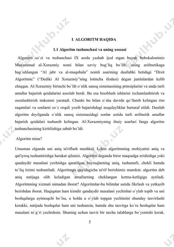 ko‘ra algoritm asosan masalani yechimini topish uchun tuziladi.bitta masalani yechishning bir necha algoritmi mavjud bo'lishi mumkin. ular orasida eng samaralisini, bajarilishi uchun eng kam amallar, mashina vaqti, xotira va h.k.ni talab qiluvchi algoritmni tanlash lozim. samarali algoritmlar mavjud bo iish shartlari va ularni qurish (ishlab chiqich)ni o'rganish algoritmlar nazariyasi asosini tashkii etadi. algoritm kibernetika va matematikaning asosiy tushuncha-laridan biri bo'lib, bu atama o'rta asrlarda yashab ijod etgan buyuk o'zbek matematigi al-xorazmiy nomidan kelib chiqqan. u ix asming 825 yilidayoq o'zi kashf etgan o'nli sanoq tizimida to‘rt arifmetika amallarini bajarish qoidalarini bergan. arifmetika amallarini bajarish jarayoni esa al-xorazm deb atalgan. bu atama 1747 yildan boshlab algorismus, 1950 yilga kelib algorifm deb ham ataldi. fanda "yevklid algoritmi", "g'iyosiddin koshiy algoritmi", "laure algoritmi", "markov algoritmi" deb ataluvchi algoritmlar m a’lum algoritm tushunchasi tobora kengayib borib, kibernetika-ning nazariy va mantiqiy asosi hisoblangan algoritmlar nazariyasi paydo bo'lgan. kompyuterlar paydo bo'lishi bilan algoritm atamasi hozirgi ma'nosi …
