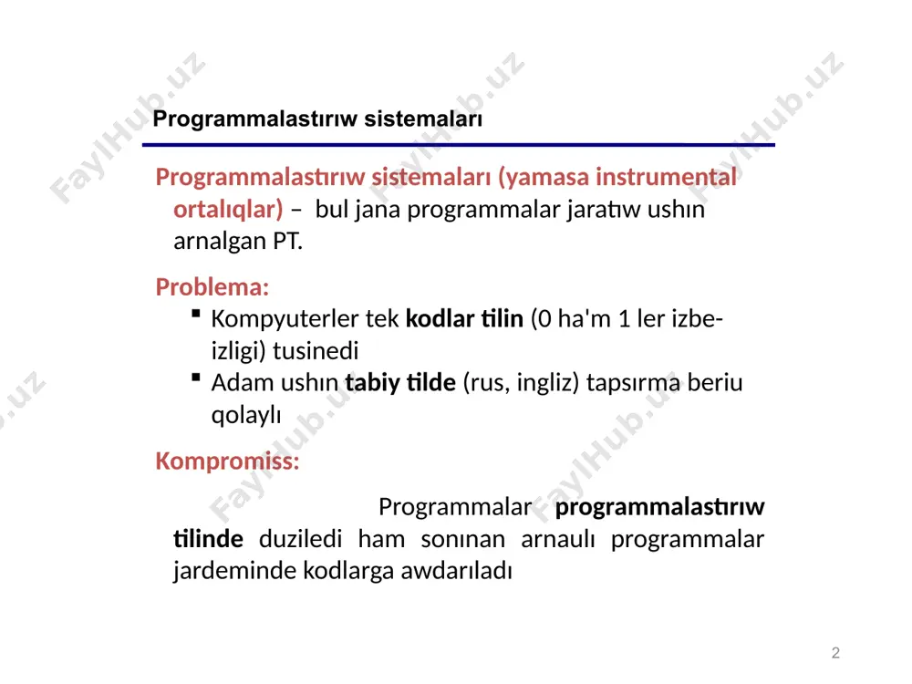 a boldi. 1954 jil joqari basqisli til fortran jaratildi. 1960 jil cobol tili jaratildi 1960 jil peter naur algol programmalastiriw tilin jaratadi. 1963 jil basic tili jaratildi 1964 jil ibm korparatsyiasi pl/1 tilin jaratadi 1968 jil jan’a algol tili jaratildi. 1970 jil nikulas virt pascal programmalastiriw tilin jaratadi. 1972 году kernigan h’am ritchi c tilin jaratadi 1983 jilda byarn straustrup c+tilin jaratadi. translyatorlar translyator – bul basqa programmalar tekstin mashina kodlarına awdarıushı programma. program qq; var x: integer; begin x := 1; writeln('привет! x = ', x); end; транслятор 101011010 mashina kodındag’ı programma paskal tilindegi programma translyatorlarda watelikler bolıwı mumkinba? ? 10 11 translyatorlardın’ tipleri interpretator – programmanın birinshi katarın kodg’a otkeredi ha'm darhal orınlaydı programmanı tekserip barıwg’a qolaylı programma tez orınlanbaydı programma orınlanıwı ushın translyator kerek 11 12 translyatorlardın’ tipleri kompilyator – programmanın barlıg’ın kodg’a o’tkeredi ha'm belgisiz orınlanıushı fayldı jaratadı (*.exe); programmanı tekserip barıwdı qıyınlastıradı programma tez isleydi …