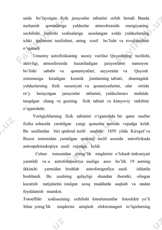 elektron 1volt potensiallar ayirmasidan o’tganda olgan energiyaga tengdir. 1ev = 1,6 x 10-19 j. ko’rinishi sohasidagi nurlanishlarning energiyasi 2-3ev bo’lib, u elektromagnit to’lqin shkalasida juda tor sohani egallagan.(( - nurlarining energiyasi mev, metrli radioto’lqinlarning energiyasi 10-6 ev tengdir. elektromagnit to’lqinlar shkalasida infraqizil, ultrobinafsha , rentgen nurlari xam joylashgan. bu nurlar muhitda bir xil tezlik bilan tarkaladi. bushlikdagi yorug’lik tezligi 299792 km\s ≈ 300000 km\s dir. s=(( yorug’lik fotonlarining energiyasi elektromagnit tebranish chastotasi ( ga boglikdir. (=h( =hc/( ( 1 ) h= 6,625 * 10-34 dj * s plank doimiysi. agar foton energiyasi 1 ev bo’lsa, nga mos keluvchi to’lqin uzunligi ; ( =hc/( =12400å=1.24 mk . chastotasi (= 2,24* 1014gu bo’ladi. kurinish sohasidagi yorug’lik to’lqin uzunligi 3900 å (binafsha) dan 7600 å (qizil chegara) gachadir.ular orasida binafsha (3900 - 4500 å), kuk (4500-4800 å) xavorang (4800- 5100 å), yashil (9100-5700å), sarik (5700-5850å),zargaldoq (5850- 6200å) va qizil (6200-7600å) . bu chegaralar …