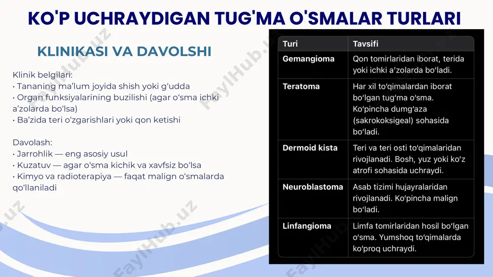 (noto‘g‘ri) deb ataladi. 4. nazoratsiz ko‘payish va differensiyalanish: noto‘g‘ri joyda qolgan totipotent hujayralar nazoratsiz bo‘linishni boshlaydi. bu hujayralar o‘zlaridan har xil turdagi to‘qimalar (ektoderma, mezoderma, endoderma qatlamlariga xos) hosil qiladi: • ektoderma – soch, teri, asab to‘qimalari • mezoderma – suyak, mushak, yog‘ to‘qimasi • endoderma – ichki organlar epiteliysi natijada, g‘ayritabiiy tarkibga ega o‘sma — teratoma rivojlanadi. 5. o‘smaning shakllanishi va klinik ifodasi: vaqt o‘tishi bilan bu hujayralardan tarkib topgan o‘sma hajman o‘sadi, atrof to‘qimalarga bosim qiladi yoki organlar funksiyasini buzadi. o‘sma benign (yaxshi xulqli) yoki malign (yomon xulqli) bo‘lishi mumkin. 6. malign transformatsiya (agar mavjud bo‘lsa): ba’zi holatlarda o‘sma tarkibidagi hujayralar malign (saraton xususiyatli) hujayralarga aylanishi mumkin. bu holatda o‘sma: • tez o‘sadi • atrof to‘qimalarga invaziya qiladi • metastaz (boshqa organlarga tarqalish) beradi patogenezi( rivojlanish mexanizmi): klinik belgilari davolash • jarrohlik yo‘li bilan olib tashlash – asosiy davolash usuli. butun o‘smani olib tashlash muhim. • histologik tekshiruv …