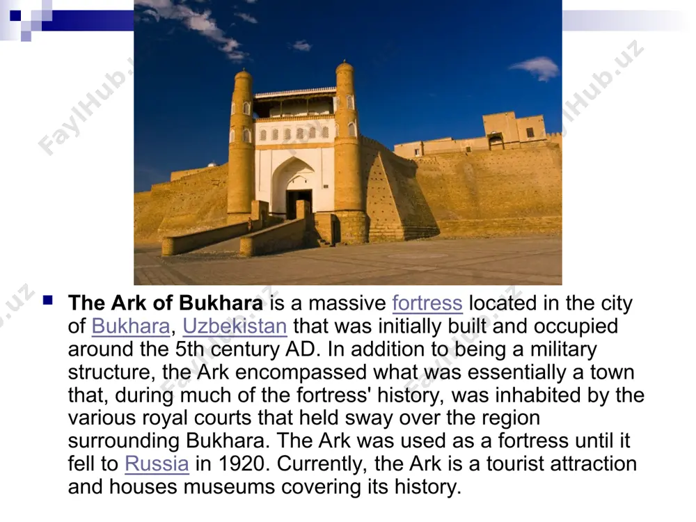 ark is contained in the "history of bukhara" by abubakra of narshakhi (899 - 960). abubakra wrote "biden, the ruler of bukhara, built this fortress, but it soon was destroyed. many times it was constructed, many times destroyed." the age of the ark has not been established accurately, but by 500 ad it was already the residence of local rulers. here, in the fastness of the citadel, lived the emirs, their chief viziers, military leaders, and numerous servants. when the soldiers of genghis khan took bukhara, the inhabitants of the city found refuge in the ark, but the conquerors smashed the defenders and ransacked the fortress.