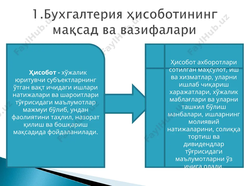 ларини мустақил балансга ажратиши мумкин, лекин уларнинг баланси ва бошқа ҳисобот шакллари тегишли юридик шахсининг консоллидациялашган ҳисоботига, албатта, қўшилади. консолидациялашган ҳисоботга бош корхонанинг молиявий ҳисоботи андозасига биноан тузилади. лекин вазирликлар, идоралар ва бюджет ташкилотлари бўйича тузиладиган йиғма молиявий ҳисоботлар бундан мустасно. молиявий ҳисобот йил бошидан йиғилиб борувчи жами билан ҳар чоракдан текширилади. бюджет муассасалари чорак ва йиллик ҳисоботларини юқори органи ўзбекистон республикаси молия вазирлиги томонидан белгиланган муддатларда топширади. хўжалик юритувчи субектлар томонидан тузиладиган ва тегишли органларга топшириладиган молиявий ҳисоботлар 1 - бҳмс билан тартибга олинади. молиявий ҳисоботларда қуйидаги ахборотлар тўлиқ акс эттирилиши керак: молиявий ҳисоботнинг ҳисобот даври бўлиб 1 январдан 31 -декабргача бўлган календар йил ҳисобланади. бухгалтерия ҳисоби тўғрисидаги . қонуннинг 18 - моддасига биноан агар юридик шахс 1 октябрдан кейин қатъий рўйхатдан ўтказилган бўлса, биринчи ҳисобот йили кейинги йилнинг 31 декабрда тугайди. молиявий ҳисобот қонунчиликда назарда тутилган ҳолларда календар йилидан ташқари ойлик ёки чораклик қилиб ҳам топширилади. молиявий ҳисоботлар …