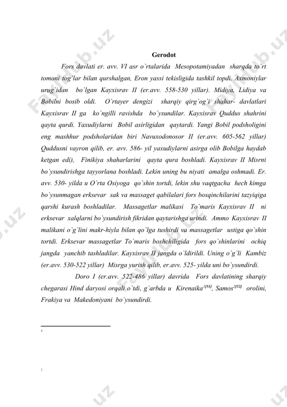 kassandraning o`g`li… kambiz meros qilib oldi… kambiz ioniylar va eoliylarning o`z merosiy fuqarolari deb hisoblar edi. shuning uchun misr yurishiga tayyorlana turib, boshqa elatlar qatorida ichida bu ellinlarni ham o`zi bilan oldi. iii. 17. forslar suvsiz sahro orqali o`tib misrliklar yaqinida ular bilan jang qilish uchun qarorgoh bo`lib turdilar. 13. misrliklar o`sha jangda mag`lubiyatga uchrab tartibsiz qochishga o`tdilar. ularni memfisga siqib chiqardilar va kambiz o`sha yerga daryoni yuqorisi bo`ylab mitilen kemasiga fors xabarchini taslim bo`lish taklifi bilan yubordi. misrliklar memfisga kirib kelayotgan kemani ko`rib, shahardan olomon bo`lib chiqdilar, kemani cho`ktirdilar, odamlarni chopib burdalarga bo`lib, ularni jasadlarini shaharga sudrab ketdilar. keyin [53] shaharni qamal qildilar va misrliklar uzoq qamaldan keyin taslim bo`lishga majbur bo`ldilar. misrga qo`shni bo`lgan liviyaliklar esa o`zlarini boshlariga misrni qismati tushishidan qo`rqib, qarshiliksiz forslarga bo`ysundilar, o`zlariga xiroj belgilab, podshoga sovg`alar yubordilar, liviyaliklarga o`xshab qo`rqib kirenaliklar va barkiylar ham shunday qildilar… 61. kayxusravni o`g`li kambiz misrga turgan vaqtida u …