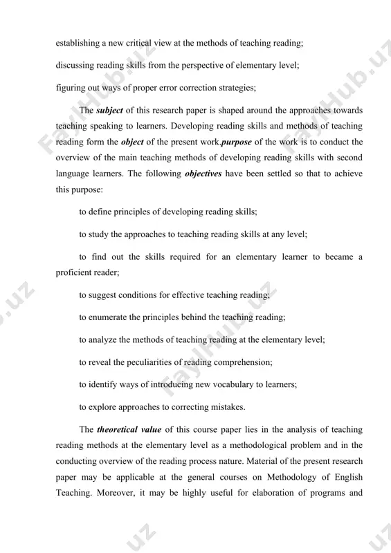 ul for elaboration of programs and classes on teaching reading at all levels. in addition, it may serve as a basis for further research what illustrates the practical value of the course paper. chapter i importance of reading skills 1.1 challenges in developing effective reading skills the increasing importance of learning english as a global language has led to a greater focus on the mastery of the four language skills, including reading. english is widely used in various domains such as commerce, science, education, and technology, necessitating the development of reading skills for effective communication. mostly highlighted that the significance of reading skills in learning english and the need for well-designed teaching procedures to facilitate the mastery of these skills.[footnoteref:3] reading skill instruction has been found to be highly beneficial for students at all levels. teachers play a crucial role in explaining and modeling multiple strategies, providing guided and independent …