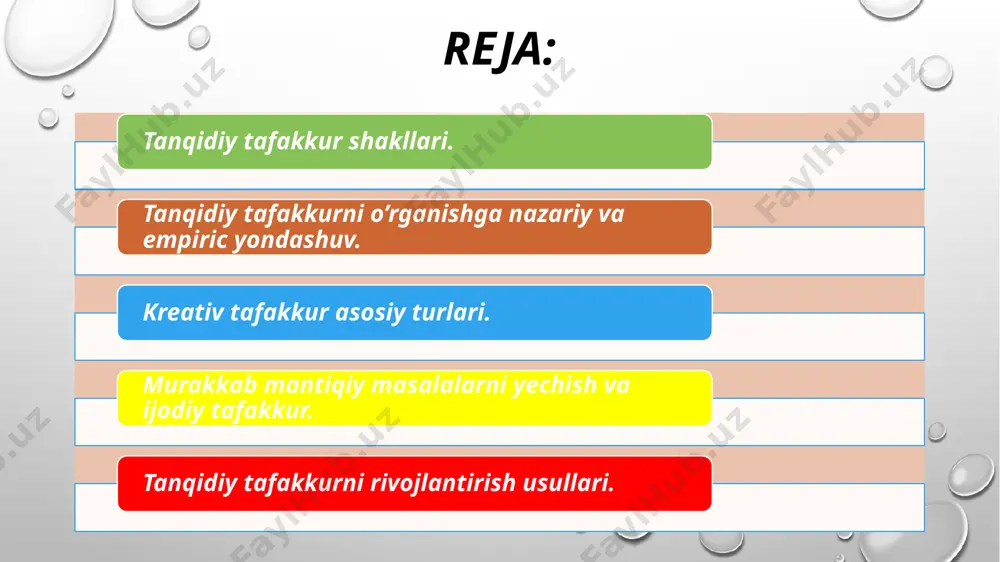 i goyani yaratish qobiliyati; qiziquvchanlik, egiluvchanlik; farazni ilgari sura olishlik, kreativlik – bu shaxsning yangi g‘oyalarni yaratishi, tafakkurning an’anaviy sxemasidan chetga chiqib, o‘ziga xos, original qarorlar qabul qilishga qodirligi. mazkur atamaga ilk bora 1922 yilda d.simpson tafakkurning nostandart usuli, deb ta’rif bergan. kreativlikni o‘rganish bo‘yicha rossiyada a.m.matyushkin, a.v.petrovskiy, m.g.yaroshevskiy, v.n. drujinin kabi olimlar ish olib borganlar. psixologiyada intellekt va kreativlikni aloqasini tushuntiruvchi 3 ta nazariya mavjud. kreativ tafakkur кreativlik– (lot., create-yaratish, creative-yaratuvchi, ijodkor) individning yangi g’oyalarni ishlab chiqarishga tayyorgarlikni tavsiflovchi va mustaqil omil sifatida iqtidorlilikning tarkibiga kiruvchi ijodiy qobiliyati manosini ifodalaydi. кreativ tafakkur esa tafakkurning ijod jarayonini tashkil etish va ijod natijalari (mahsullari)ni bashoratlashni ifodalovchitushuncha sanaladi. kreativ fikrlash o’qituvchi faoliyatida yaqqol ko’rinib turishi lozim. shu manoda o’qituvchining ijodkorligi kasbiy faoliyatiga ijodiy (kreativ) yondashuvida aks etadi. кreativlik–bu ijodiy qobiliyatlilik darajasi, shaxsning barqaror sifati hisoblanadigan ijod qilishga bo’lgan qobiliyati bo’lib, u kreativ tafakkur bilan bog’liq. кreativ tafakkur – bu shaxsning o’z oldida …