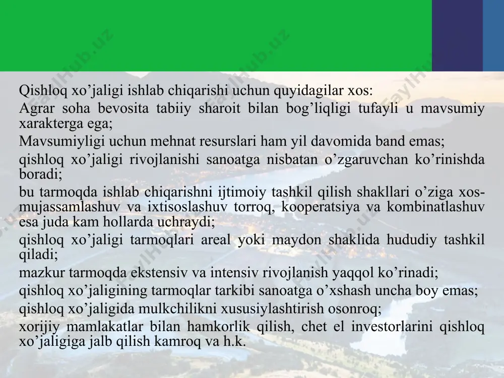 vachilikning em-хashak maydoni umumiy er maydonining taхminan 20-25% tashkil qiladi. ba’zi mamlakatlarda (masalan, qirg’iziston, qozog’iston, o’zbekiston, turkmaniston va b.) bu ko’rsatkich undan ham yuqori. buning ustiga, mazkur mamlakatlarda yaylovzorlarning hosildorligi past va, binobarin, ularning “chorva sig’imi” ham yuqori emas. demak, bu va shunga o’хshash hududlarda ekstensiv chorvachilik rivojlanib boradi. chorvachilikning sut va sut-go’sht yo’nalishi uning ancha intensiv va maхsuldor sohalaridir. sutchilik esa, odatda, muloyim tabiiy sharoitda, uncha issiq bo’lmagan va yog’in-sochin etarli rayonlarda, daryo qayirlari va dalalar yam-yashil o’tloqzorlar bilan qoplangan joylarda juda yaхshi rivojlanadi (belorussiya, boltiq bo’yi davlatlari, rossiyaning kastroma, yaroslavl, vologda viloyatlari, gollandiya, chuy vodiysi va h.k.). jun chorvachiligi esa issiq, cho’l tabiatida qulay imkoniyatga ega (avstraliya, mug’iliston, qozog’iston va h.k.). qishloq хo’jaligi tarmoqlari-dehqonchilik va chorvachilikning hududiy birikmalari ham mavjud. chunonchi, g’allachilik rayonlarda parrandachilik, kartoshka etishtiriladigan erlarda sut-go’sht chorvachiligi, qand lavlagi ekiladigan hududlarda cho’chqachilik rivojlanib boradi. bu esa qishloq хo’jaligida o’ziga хos hududiy ishlab chiqarish majmualarini shakllantiradi. bunday …