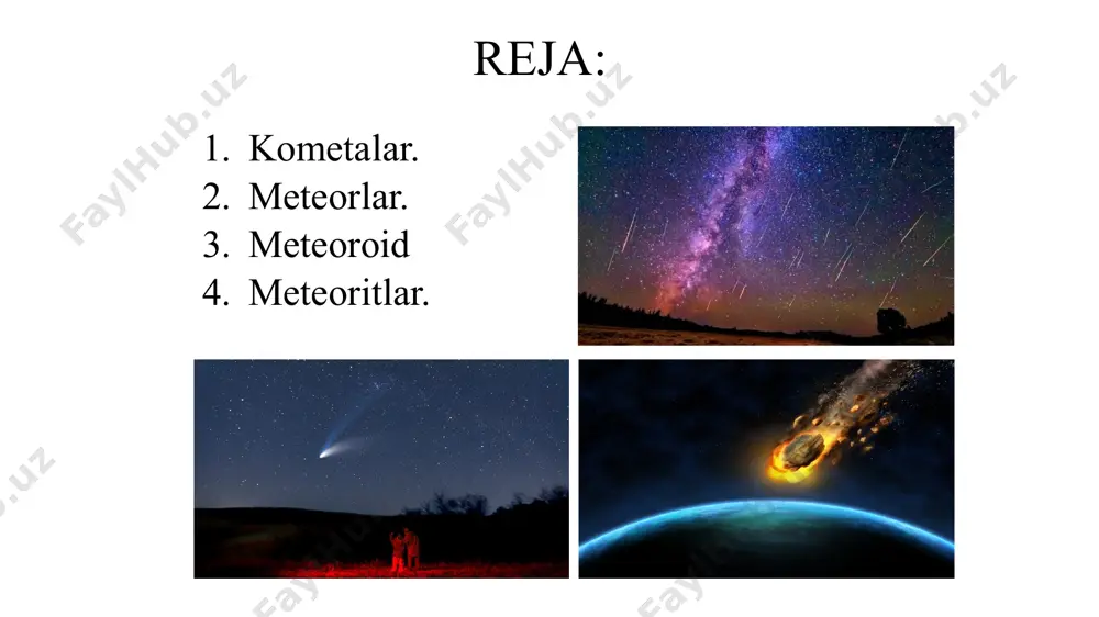 eteorlarning kattaliklari millimetrning ulushlarida, massalari esa milligrammlargacha o‘lchanadi. ular yerga yaqinlashgach, planetamiz atmosferasiga sekundiga 10 kilometrdan 70-80 kilometrgacha tezlik bilan kiradi. shubhasiz, bunday katta tezlikdagi tosh zarrachasi atmosfera molekulalari bilan ishqalanib cho‘g‘lanadi, ayni paytda u ko‘zga yaxshi ko‘rinadi va uchish davomida juda tez yemiriladi. fanda meteorlar deb yuritiluvchi «uchar yulduz»lar yo‘lining uzunligi bu osmon jismlarining kattaliklariga bog‘liqligini tushunish qiyin emas. meteoroid agar samoda o’lchami 30 m gacha bo’lgan uchib yurgan bo’lsa, bu meteoroid deb ataladi. bu jism faqat yer atmosferasiga kirgandan keyingina meteoritga aylanadi. meteoritlar ba’zan samoning «daydi» toshlari ancha katta bo‘lib, yer atmosferasi qatlamidan o‘tayotganda yonib ulgurmaydi va bolid ko‘rinishida yer sirtiga tushadi. ular meteoritlar deb yuritiladi. meteoritlar asosan toshdan, temirdan, tosh-temirdan va ba’zan muzdan iborat bo‘ladi. toshli temirli tosh-temirli muzli 1908-yili sibir taygasiga «mehmon» bo‘lgan boshqa bir osmon jismining nimadan iborat bo‘lganligini aniqlash olimlar orasida o‘n yillab cho‘zilgan tortishuvga sabab bo‘lib, hozirgacha ham sirliligicha qolmoqda. sibir «mehmoni» podkamennaya …