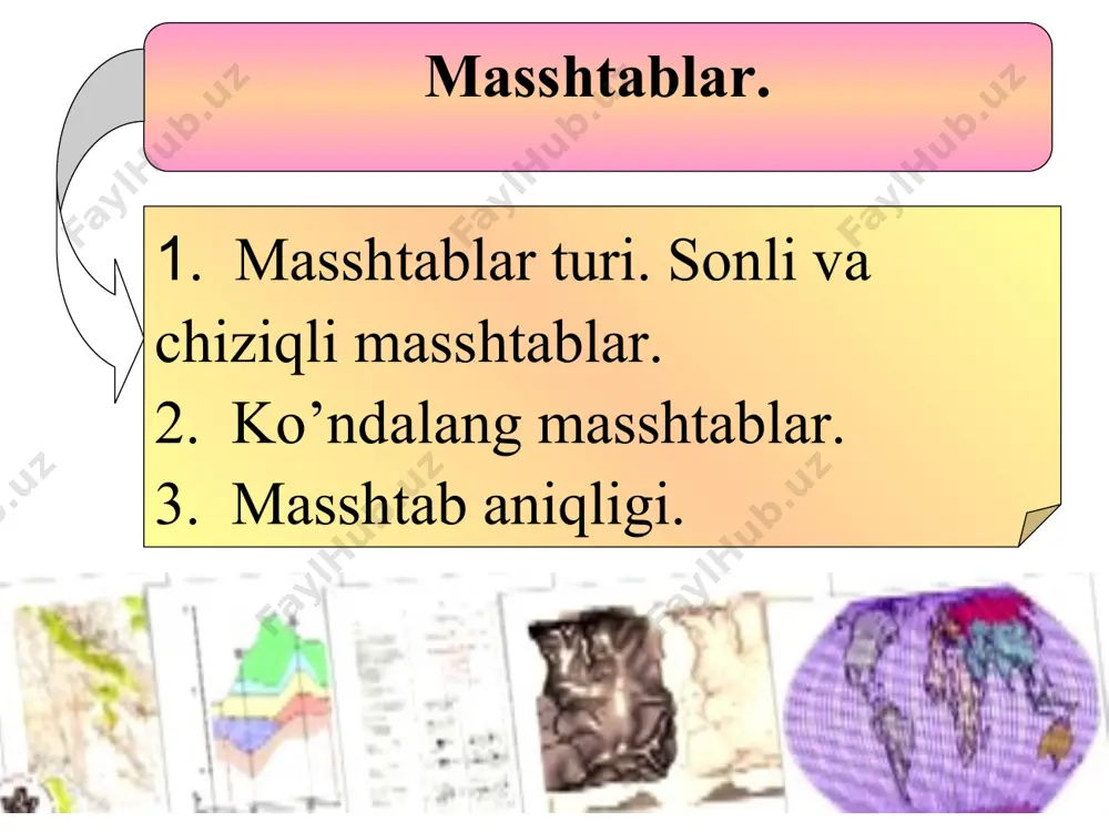 tada maʼlum boʼlgan nishablik – i ning oʼsishini qoʼyib chiqamiz har bir aniqlangan nuqtadan perpendikulyar chiziq chiqarib, maʼlum masshtabli kartada gorizontal uzunlikning oraligʼi ab – chiziqning uzunligini qoʼyamiz, yaʼni: gorizontal oraliqning uzunligi–a ni, formulasi yordamida aniqlanadi. soʼngra perpendikulyar chiziqning oxirini egri chiziq bilan birlashtirib chiqamiz. ёки masshtab nima? masshtab – yer yuzidagi masofalar gorizontal proyeksiyalarining kichraytirilish darajasidir. sonli masshtab deb nimaga aytiladi? agar masshtab raqamlar bilan kasr tarzida ifodalansa sonli masshtab deyiladi. so’zli masshtab deb nimaga aytiladi? agar sonli masshtab so’zlar bilan ifodalansa so’zli masshtab deyiladi. chiziqli masshtab deb nimaga aytiladi? agar masshtab grafik shaklda ifodalansa chiziqli masshtab deyiladi. ko’ndalang masshtabdan qachon foydalaniladi? aniqlik katta talab etilganda ko’ndalang masshtabdan foydalaniladi. masshtab aniqligi deb nimaga aytiladi? plandagi 0,1mm oraliqga joyida to’g’ri keladigan uzunlikga aytiladi. har xil qurilish – muhandislik ishlarida, xalq xo’jaligining turli tarmoqlarida, shuningdek qishloq xo’jaligida har xil masshtabli topografik plan va kartalardan foydalaniladi. butun yer yuzasini yoki uning ayrim …