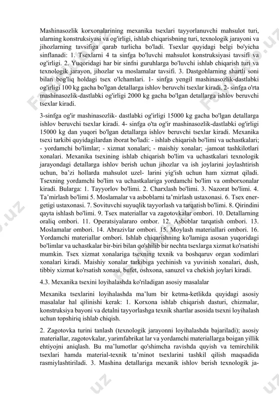 va texnologik moslamalarni ma’lum darajada kompo nentlashuvi, maxsuslashuvi va konsentratsiyalashuvi; - tsex va boiimlarga mahsulotning avrim detallarini tayyorlash uchun operativ boshqaruv organlari tomonidan maqsadli dasturlarni tarqatishning markazlashuvi natijasida bir xil turdagi mahsulotni tayyorlash ma’lum miqdorda konsentratsiyalashadi, bu esa buyumni tayyorlash siklini qisqartiradi. bo'limlarni, tsexlarni tashkil etish shakli detallar va buyumlar bo'yicha amalga oshirilsa tashkil qilish yuqori darajada ta’minlanadi, chunki bu shaklda ishlab chiqarish jarayoni to‘xtovsiz, to'g'ri va aniq ishlaydi, brigada va bo‘lim jamoalari mehnatining oxirgi natijasiga ta’siri katta bo'ladi. tashkil qilish ninq bu shaklida xo'jalik hisobini qo'llash uchun yaxshi sharoit yaratiladi. shunday qilib, ishlab chiqarish jarayonini dasturli - maqsadli tashkil qilish juda samarali usul bo'lib hisoblanadi. shuningdek, seriyali ishlab chiqarish sharoitida detallar bo'yicha maxsuslashtirilgan mexanika tsexlari, bo'limlar ko‘p nomenklatu- rali detallarga ishlov beriladigan guruhli liniyalar yaratilmoqda. ushbu tashkiliy shakl michtlari uchun samaraliroqdir. ommaviy va yirik seriyali ishlab chiqarish sharoitida asosiy tashkil qilish shakli sifatida predmetlar bo'yicha maxsuslashtirilgan oqim bo'yicha liniyalar …