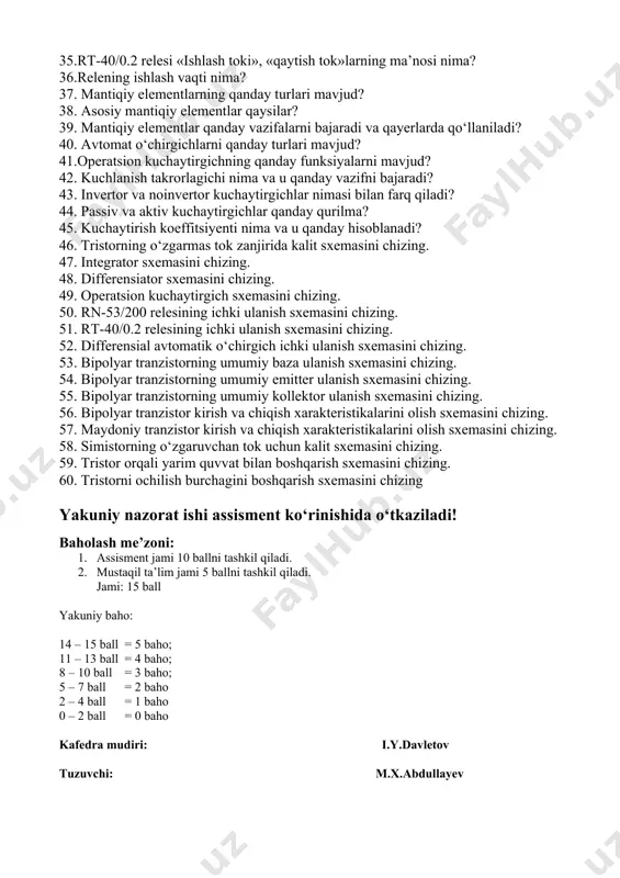 i tushuntirib bering? 28. rn-53/200 relining «ishlash kuchlanishi», «qaytish kuchlanishi»larning ma’nosi nima? 29.qaytish koeffitsienti nimani bildiradi va qanday aniqlanadi? 30. rn-53/200 relining ishlash tamoyilini tushuntirib bering? 31.ishlash tokining o‘rnatmasi qanday o‘zgartiriladi? 32. rt-40/0.2 relesining ishlash tokini rostlash usullarini tushuntirib bering? 33.maksimal va minimal relelar deganda nimani tushunasiz? 34.rt-40/0.2 relesining chulg‘amlar parallel ulanganda ishlash toki nima uchun 2 marta ortadi? 35.rt-40/0.2 relesi «ishlash toki», «qaytish tok»larning ma’nosi nima? 36.relening ishlash vaqti nima? 37. mantiqiy elementlarning qanday turlari mavjud? 38. asosiy mantiqiy elementlar qaysilar? 39. mantiqiy elementlar qanday vazifalarni bajaradi va qayerlarda qo‘llaniladi? 40. avtomat o‘chirgichlarni qanday turlari mavjud? 41.operatsion kuchaytirgichning qanday funksiyalarni mavjud? 42. kuchlanish takrorlagichi nima va u qanday vazifni bajaradi? 43. invertor va noinvertor kuchaytirgichlar nimasi bilan farq qiladi? 44. passiv va aktiv kuchaytirgichlar qanday qurilma? 45. kuchaytirish koeffitsiyenti nima va u qanday hisoblanadi? 46. tristorning o‘zgarmas tok zanjirida kalit sxemasini chizing. 47. integrator sxemasini chizing. 48. differensiator sxemasini …