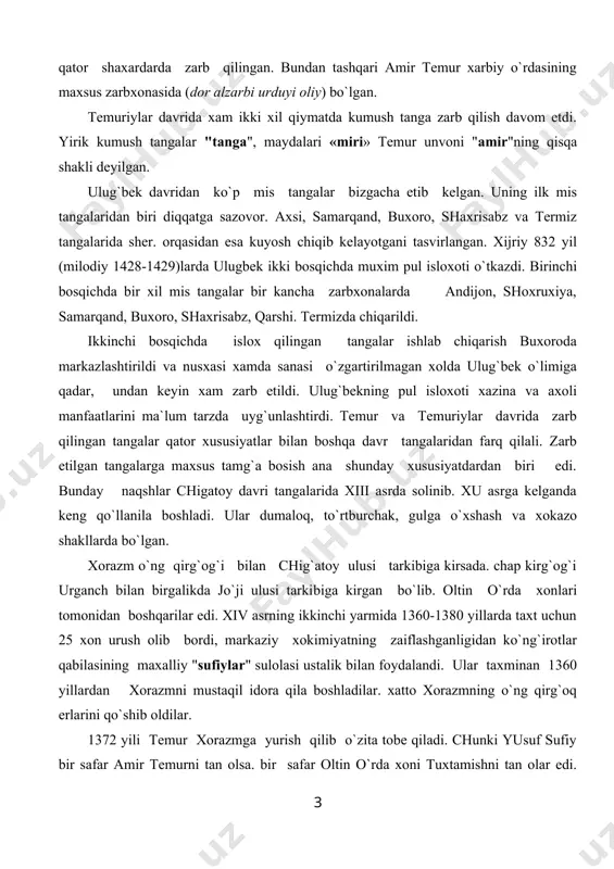 tarkibiga kirsada. chap kirg`og`i urganch bilan birgalikda jo`ji ulusi tarki​biga kirgan bo`lib. oltin o`rda xonlari tomonidan boshqarilar edi. xiv asrning ikkinchi yarmida 1360-1380 yillarda taxt uchun 25 xon urush olib bordi, markaziy xokimiyatning zaiflashganligidan ko`ng`irotlar qabilasining maxalliy "sufiylar" sulolasi ustalik bilan foydalandi. ular taxminan 1360 yillardan xorazmni mustaqil idora qila boshladilar. xatto xorazmning o`ng qirg`oq erlarini qo`shib oldilar. 1372 yili temur xorazmga yurish qilib o`zita tobe qiladi. chunki yusuf sufiy bir safar amir temurni tan olsa. bir safar oltin o`rda xoni tuxtamishni tan olar edi. shuning uchun amir temur xorazmga bir necha marta yurish qilgan. 1388 yil urganchni egallaydi. amir temur vafotidan sung xorazmda yana oltin urda xonlari xukmronlik qildi. 1412 yili amir temurning o`g`li shoxrux xorazmni qayta qo`lga kiritadi. mo`g`ullar istibdodidan so`ng xorazmda zarb qilingan tangalar bizgacha etib kelmagan. temur xukmronligi davrida kichik oltin tangalar xam zarb etilgan. xorazmda chig`atoylar dinoriga o`xshash yirik kumush tangalar bo`lmagan, xorazmni juld dirxamlari …