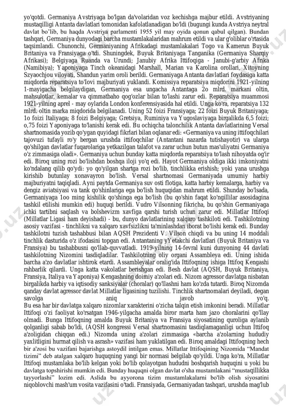 hini g’alabagacha etkazish tarafdori edi.urush “antanta” foydasiga hal bo’lgach, klemanso parij tinchlik konferensiyasini tashkil etishda faollik ko’rsatdi, shu bilan birga o’nlik va to’rtlik kengachlar a’zosi edi. uning fikricha germaniya hamma etkazilgan zararlar uchun reparatsiya to’lashi, saar va reynning chap qirg’og’i fransiyaga berilishi kerak edi. 1919 yildagi parlament saylovlarida radikal va radikal-sotsialistlar partiyasi parlamentdagi yarimidan ko’p urinlarini boy berishdi.192o yil prezident saylovlarida j. klemanso mag’lubiyatga uchradi va shu bilan siyosiy faoliyati yakun topdi. klemanso umrining oxirgi o’n yilini ijodga bag’ishladi . 1926 yilda uning demosfen haqida kitobi chop etildi. oradan bir yil o’tib ikki tomlik “tungi xayollar” (au soir de la pensee) nomli filosofik asari nashdan chiqdi. tinchlik konferensiyasida 27 davlat vakillari qatnashgan bo'lsada, amalda barcha asosiy masalalar «katta uchlik» deb atalgan (aqsh, buyuk britaniya va fransiya) davlat rahbarlari tomonidan hal etildi. ularning ichida fransiya bosh vaziri jorj klemanso o'zining jo'shqin nutqlari bilan ajralib turar va o'ta qiziqqonligi tufayli «yo'lbars» degan …