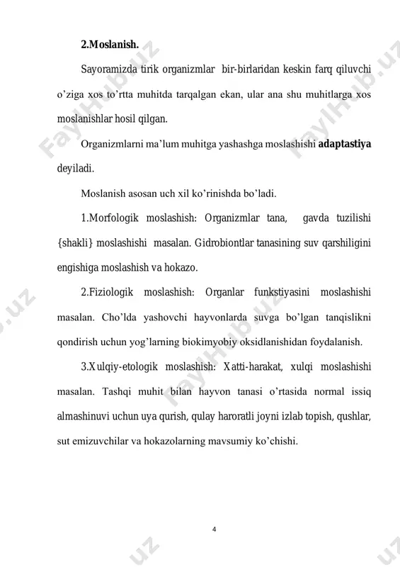 larning hayot faoliyati o’zgaradi, yomonlashadi.eng ko’p ta’sirida organizmlar nobud bo’ladi. bu esa pessimum deyiladi. 8 organizmlarning optimum va pessimum zona orasidagi chegarasi muhit faktoriga ekologik valentligi deb ataladi. agar faktorlardan loaqal bittasining miqdor qiymati chidamlilik chegarasidan tashqarisiga chiqsa, qolgan sharoit har qancha qo’lay bo’lgani bilan tur yashay olmaydi. maksimum va minimum chegarasidan chiqadigan bunday faktorlar cheklovchi faktorlar deyiladi.m:shimolda issiq etishmasligi, odatda ko’pgina hayvonlarni tarqalishini cheklaydi yoki dengiz suvining o’ta sho’rligi amfibiyalarning tarqalishini chegaralaydi. muhit ekologik faktorlarining tirlarga ko’rsatadigan munosabatiga ko’ra ekologik valentligi turlicha bo’ladi:turning moslashishi keng darajada bo’lsa har bir abiotik faktor nomiga “evri” qoshimchasi qo’shish bilan ifodalanadi. m: 1.evriterm turli t0 o’zgarishiga yashaydigan. 2.evribat turli bosimlarda yashay oladigan 3.evrigal turlicha sho’rlanish darajasidagi muhitda yashay oladi. agar turning ekologik valentligi tor doirada bo’lsa, ekologik faktor oldiga “steno” qo’shimchasi qo’shiladi.m: 1.stenobat 2.stenoterm 9 3.stenogal har ikkala holatda ham umumiy holda ekologik valentligini (tur) ifodalamoqchi bo’lsak “stenobiont” va “evribiont” termini ishlatiladi. cheklovchi …