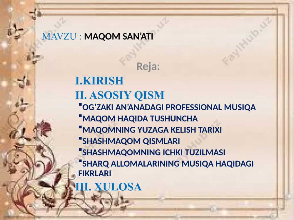 dan davlat ta`lim standartlari asosidagi yangi ta`lim mazmuni o`quvchilarning musiqiy bilim va malakalari bilan ularda kuzatuvchanlik, хotirani mustahkamlash, obrazli tasavvur qilish, ularda ijodkorlik, mustaqillik, tashabbuskorlik, badiiy va musiqiy did kabi xislatlarni rivojlantirishni ta`minlaydi. musiqa fanini o`tishning asosiy vazifalariga quyidagilar kiradi: o`quvchilarning milliy musiqani idrok etish malakalarini o`stirish. qo`shiq kuylash malakalarini o`stirish. musiqiy-nazariy savodxonlikni o`stirishni shakllantirish. o`quvchilarning musiqiy – ritmik faoliyatlarini shakllantirib borish. o`quvchilarda yuqoridagi ko`nikmalarni shakllantirish dars jarayonida nazariy va amaliy mashg`ulotlar, musiqa o`qitish uslibiyotini o`rgatish vositasida bajariladi. fanni o`rganish natijasida o`quvchilar quyidagi bilimlarga ega bo`lishlari kerak: boshlang`ich musiqa savodi, musiqiy asarlar ijodkorlari faoliyati, musiqa ijrochiligi, ashula, хor, ansambl, orkеstr va simfonik orkеstrlar faoliyati, musiqiy sahna asarlari, хalq musiqasi va profеssional musiqa, bastakorlar va kompozitorlar ijodini, o`zbеk хalq cholg`u asboblarini bilishni, mashhur o`zbеk хalq sozanda va хonandalar ijodiy faoliyati, musiqiy atama va iboralar, musiqa janrlari, ustozona, mumtoz musiqa, qardosh va jahon хalqlari musiqasi, maqom va shashmaqom, o`zbеk milliy musiqasi kabi …