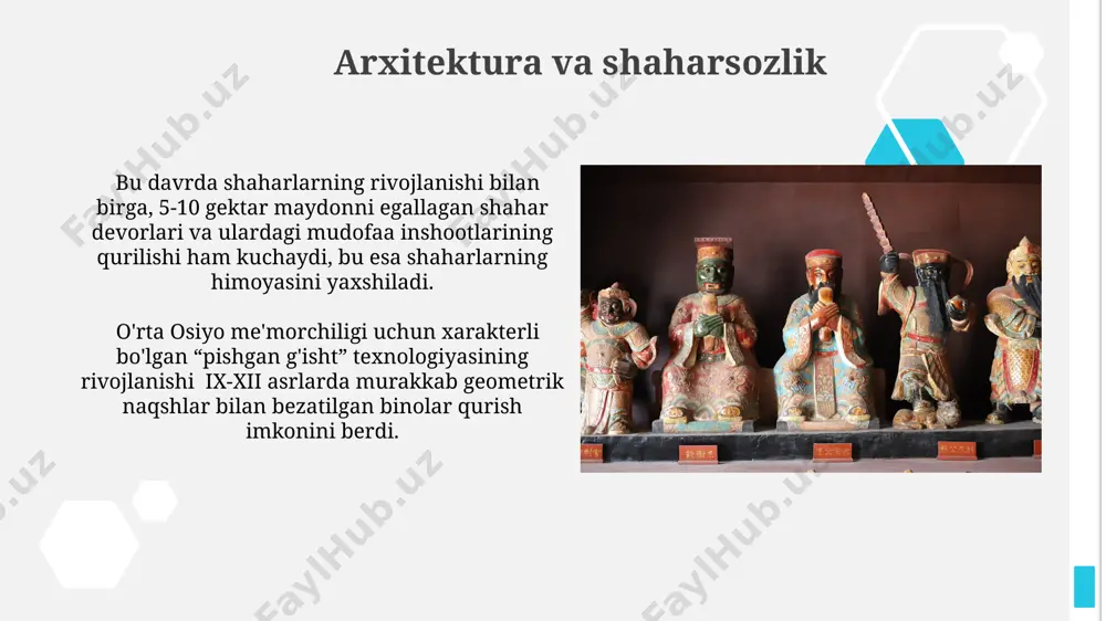 d ramziy tasvirlar mavjud. maqollarning son-sanoqsizligi va ularning turli xil janrlardagi asarlarda qoʻllanilishi ix-xii asrlar xalq ogʻzaki ijodining boyligi va serqirraligidan dalolat beradi. masalan, hikmatli soʻzlarning 200 dan ortiq turi aniqlangan. ta'lim va tarbiyaning holati ushbu davrda diniy ta'lim bilan bir qatorda dunyoviy fanlar, jumladan, astronomiya, matematika va tibbiyot ham rivoj topgan, 50 dan ortiq qo'lyozma asarlar shu davrga mansub. ix-xii asrlarda madrasalar sonining sezilarli darajada oshishi, taxminan 200 dan ortiq madrasa faoliyat yuritganligi ta'limning kengayishiga va rivojlanishiga xizmat qilgan. ix-xii asrlarda yurtimiz hududida yuz bergan madaniy uyg'onish davri ix-xii asrlarda astronomiya, matematika va tibbiyot kabi fanlarning taraqqiyoti sezilarli darajada kuchayib, abu rayhon beruniy, ibn sino kabi allomalar dunyoga tanildi. ushbu davrda turkiy tillarda yozilgan adabiyotning rivojlanishi kuzatildi, masalan, alisher navoiyning “xamsa”si kabi asarlarning ildizlari shu davrga borib taqaladi. e'tiboringiz uchun rahmat @taqdimot_robot image1.jpg image2.jpg image3.jpg image4.jpg image5.jpg image6.jpg image7.jpg image8.jpg image9.jpg image10.jpg image11.jpg image12.jpg