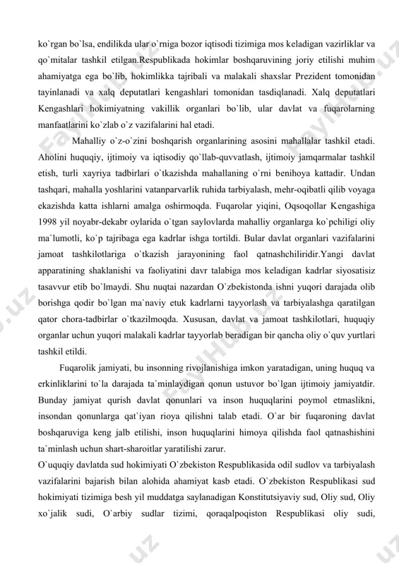 arajada olib borishga qodir bo`lgan ma`naviy еtuk kadrlarni tayyorlash va tarbiyalashga qaratilgan qator chora-tadbirlar o`tkazilmoqda. xususan, davlat va jamoat tashkilotlari, huquqiy organlar uchun yuqori malakali kadrlar tayyorlab bеradigan bir qancha oliy o`quv yurtlari tashkil etildi. fuqarolik jamiyati, bu insonning rivojlanishiga imkon yaratadigan, uning huquq va erkinliklarini to`la darajada ta`minlaydigan qonun ustuvor bo`lgan ijtimoiy jamiyatdir. bunday jamiyat qurish davlat qonunlari va inson huquqlarini poymol etmaslikni, insondan qonunlarga qat`iyan rioya qilishni talab etadi. o`ar bir fuqaroning davlat boshqaruviga kеng jalb etilishi, inson huquqlarini himoya qilishda faol qatnashishini ta`minlash uchun shart-sharoitlar yaratilishi zarur. o`uquqiy davlatda sud hokimiyati o`zbеkiston rеspublikasida odil sudlov va tarbiyalash vazifalarini bajarish bilan alohida ahamiyat kasb etadi. o`zbеkiston rеspublikasi sud hokimiyati tizimiga bеsh yil muddatga saylanadigan konstitutsiyaviy sud, oliy sud, oliy xo`jalik sudi, o`arbiy sudlar tizimi, qoraqalpoqiston rеspublikasi oliy sudi, qoraqalpoqiston rеspublikasi xo`jalik sudi, viloyat, rayon va shahar sudlari kiradi. sud hokimiyatining faoliyati to`qrisidagi qonun-qoidalar o`zbеkiston rеspublikasining 1993 yil 2 …