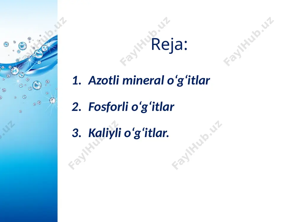 iyli o‘g‘it tarkibidagi ozuqa elementi. silvinit va kainit talqon holatigacha maydalanib mineral o‘g‘it sifatida foydalaniladi. 1. tozalanmagan kaliyli o‘g‘itlar. silvinit — kcl ·nacl. kainit — mgso4·kcl·3h2o. 2. konsentrlangan kaliyli o‘g‘itlar. bu o‘g‘itlar kaliyning tabiiy birikmalarini qayta ishlash yo‘li bilan ozuqa elementlariga boyitilgan bo‘ladi. kaliy xloridli o‘g‘it tarkibida 52—60% k2o — ozuqa elementi bo‘ladi. kaliy xlorid mineral o‘g‘itini olish uchun silvinit, avval maydalanib, so‘ngra boyitiladi. buning uchun kcl va nacl ning eruvchanligi turlicha ekanligidan foydalaniladi. 3. yog‘och (o‘simliklar) kuli. o‘simliklarning yonishi natijasida qolgan qoldiq, ya’ni kulda asosan k2co3 (potash) bo‘ladi. kaliyli o‘g‘itlar tarkibidagi ozuqa elementi k2o ko‘rinishida hisoblanadi. image2.jpeg image3.jpeg image4.jpeg image5.jpeg image6.jpeg image7.png image8.jpeg image9.jpeg image10.jpeg image11.jpeg image12.jpeg image13.jpeg image14.jpeg image15.jpeg image16.jpeg image17.jpeg image18.jpeg image19.jpeg image20.jpeg image21.jpeg image22.jpeg image23.jpeg image24.jpeg image25.jpeg image1.jpeg /docprops/thumbnail.jpeg