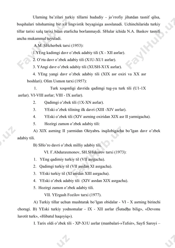 v davr. o’rta osiyoning rossiya tomonidan bosib olingandan keyingi adabiy til. . o’zbek tili tarixini uning ichki rivojlanish xususiyatlariga qarab, shuningdek o’zbek xalqi va millatining shakllanishi, ijtimoiy-tarixiy taraqqiyotiga qarab shunday davrlarga bo’lish mumkin. i. o’zbek xalq tili taraššiyotining ilk davri. bu davr xi asrdan xiv asrning yarmigacha bo’lgan davrni o’z ichiga oladi. ii. o’zbek xalq tili taraqqiyotining o’rta davri. bu xiv asrning 2-yarmidan xix asrning 1-yarmigacha bo’lgan davrni o’z ichiga oladi. bu davr yeski o’zbek adabiy tilining shakllangan va ma’lum tarakiyotga yuz tutgan davridir. iii. o’zbek xalq tili taraqqiyotining so’nggi davri. bu davr xix asrning 2-yarmidan oktyabrь revolyutsiyasining ғalabasi va o’zssr barpo yetilgan davrni o’z ichiga oladi. iv.milliy o’zbek adabiy tili. bu davrda o’zbekiston milliy tili shakllandi va taraqqiy yetdi. o’zbek tilining ilk davri va yeski o’zbek tili. x asr qarluq qabilalarining ittifoqi ancha kuchaydi va ular o’zlarining qoraxoniylar davlatini barpo yetadilar. ularning markazi shakllavdi. albatta, bu protsess xi asrdagi …