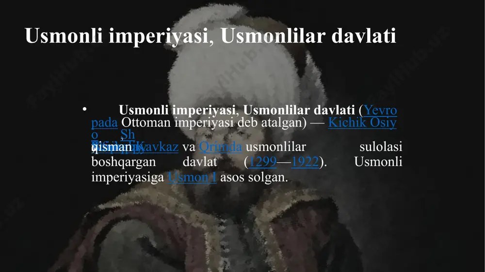 ing hukmronlik davrida yevropada yangi hududlar zabt etilgan. kosovo maydonida boʻlgan jang (1389)da serblar maglubiyatga uchragach, serbiya usmonli imperiyasiga qoʻshib olindi . sulton boyazid i yildirim bolgariyaning poytaxti tirnovo (1393)ni egallab, nikopol ostonalarida salibchi ritsarlarning birlashgan 60.000 kishilik qoʻshinini maglubiyatga uchratdi (1396) va vizantiyaning poytaxti konstantinopolni qamal qilishga kirishdi. u bolgariya, valaxiya, makedoniya, fessaliyani oʻz davlati tarkibiga kiritdi. biroq, 1402-yilda boʻlgan anqara jangi amir temur qoʻshinidan usmonli imperiyasi ning maglubiyatga uchrashi vizantiya imperiyasini mukarrar halokatdan saqlab qoldi. sulton mahmud i va murod ii hukmronliklari davrida qoʻldan ketgan hududlar qaytarib olingan. adolatli va insofli hukmdor sifatida nom chiqargan murod ii gʻoziy 1422-yil konstantinopolga hujum qiladi. varna yaqini (1444-yil 10-noyabr) va kosovo maydoni (1448-yil 17— 19 dekabr)da chex-mojarlar qoʻshinini magʻlubiyatga uchratib, 1449—50-yillarda albaniya ustiga 2 marta yurish qilgan. murod ii ning oʻgʻli mahmud ii fotih turk qoʻshinlariga shaxsan oʻzi qoʻmondonlik qilib, jahongirlik siyosatini olib borgan. u sharqiy rim imperiyasi — vizantiyaning poytaxti …