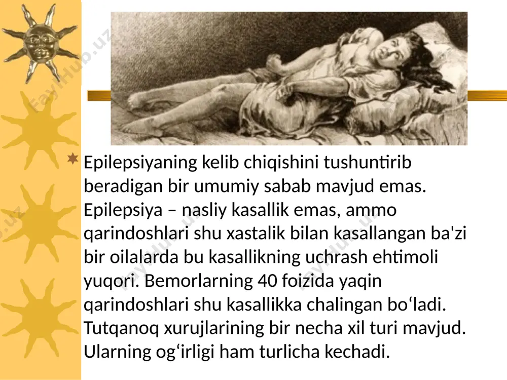 tda bemorning qo`l oyoqlarining lat yeyishidan asrash uchun ularni ushlab turish kerak, bo`lmasa suyaklar sinishi mumkin. ko`ylak yoqasini yechish, tilini tishlab olmasligi uchun sochiq chetini yumaloq qilib og`ziga tiqib qo`yish kerak. so`lak bir tomonga oqib turishi uchun bemorni yon boshlab yotqizib qo`yish tavsiya etiladi. tutqanoq tutib bo`lgandan keyin bemorni uyg`otmaslik kerak. parvarish qilish image2.jpeg image3.png image4.png image5.png image6.png image7.png image1.png