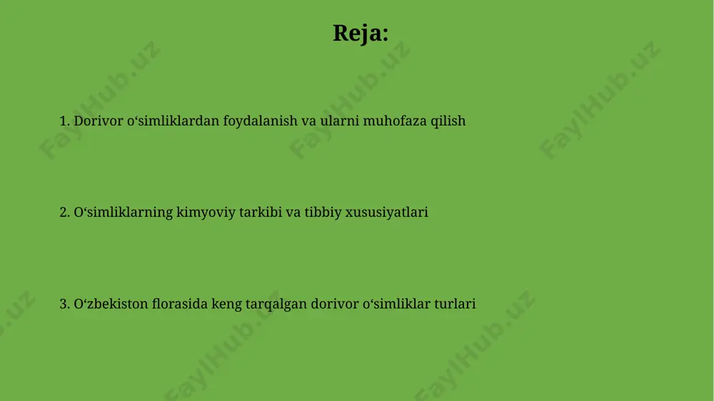 i. taxminan 20 ga yaqin turdagi qovoqning shifobaxsh xususiyatlari xorazm va buxoro viloyatlarining an'anaviy tibbiyotida nafas yo'llari kasalliklarini davolashda qo'llaniladi. zira va uning foydali tomonlari o'rta osiyo xalqlari an'anaviy tibbiyotida zira hazm qilishni yaxshilash, 30 dan ortiq turdagi kasalliklarni davolash uchun ishlatiladi va uning foydasi xorazm viloyatida o'tkazilgan tadqiqotlarda tasdiqlangan. zira urug'larining tarkibida 2-5% gacha efir moylari, jumladan, karvon, limonen va pinen kabi foydali komponentlar mavjud bo'lib, samarqand viloyatida yetishtiriladigan zira yuqori sifatli hisoblanadi. sarimsoq va uning foydali tomonlari саримсоқпиёз антибактериал хусусиятлари туфайли, ўзбекистоннинг анъанавий тиббиётида 2000 йилдан ортиқ вақт давомида турли касалликларга, жумладан, юқумли касалликларга қарши самарали восита сифатида қўлланиб келинган. ўзбекистоннинг турли минтақаларида, жумладан, фарғона водийси ва тошкент вилоятида етиштириладиган саримсоқнинг 20 дан ортиқ тури мавжуд бўлиб, уларнинг ҳар бири ўзига хос фойдали хусусиятларга эга. reyhan va uning shifobaxsh xususiyatlari an'anaviy tibbiyotda reyhan 2000 yildan ortiq vaqt davomida, nafas yo'llari kasalliklarini davolashda va immunitetni mustahkamlashda ishlatib kelingan. reyhanning …