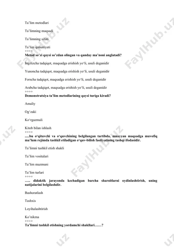 ++++ estetik tarbiya bu? shaxsni har tomonlama kamol toptirish hamda uning muayyan ijtimoiy ehtiyojlarini qondirishga yo'naltirilgan hamda ijtimoiy mehnat xarakteridagi faoliyati turidir. estetik jihatdan rivojlangan va ijodiy faol bo'lgan inson shaxsini shakllantirish jarayoni o'quvchilarda umumjamiyat manfaati yo‘lida mehnat qilish ehtiyojini hosil qilish yosh avlodda mehnat qilish istagini qaror toptirish va ularni zamonaviy ishlab chiqarishning turli sohalarida faoliyat yuritishga tayyorlash ++++ quyidagi metodlardan qaysilari ongni shakllantirish metodlariga kiradi: 1) hikoya;2) pedagoigk talab;3) etik suhbat;4) mashq;5) tushuntirish 1,3,5 1,3,4 1,2,5 1,2,4 ++++ mashq, o‘rgatish, tarbiyaviy vaziyat tarbiyaning qaysi metodlariga kiradi? ongni shakllantirish faoliyatni tashkil etish rag‘batlantirish nazorat ++++ quyidagilardan qaysi biri yuqori darajada uyushgan jamoa hisoblanadi? mexnat jamoasi norasmiy guruhlar o‘quvchilar jamoasi turli ehtiyojlar va motivlar asosida uyushgan o’smirlar jamoasi ++++ demonstratsiya – bu: ko’rgazmali metod amaliy metod kitob bilan ishlash og’zaki metod ++++ aniq maqsad hamda ijtimoiy-tarixiy tajriba asosida yosh avlodni har tomonlama o'stirish, uning ongi, xulq-atvori va dunyoqarashini tarkib toptirish …