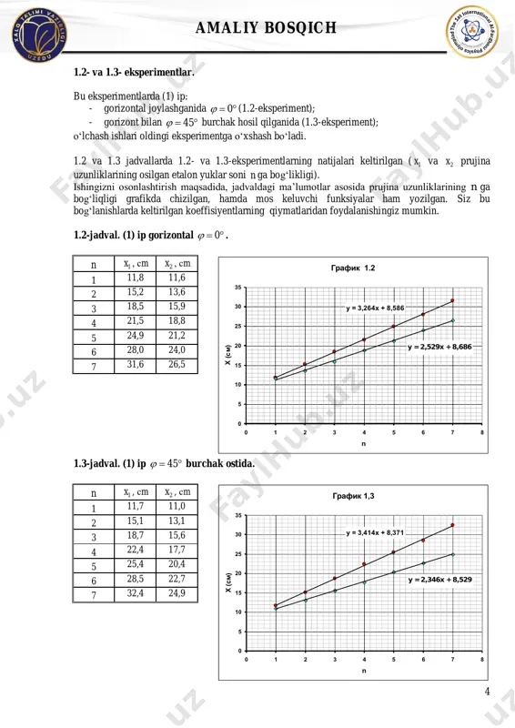 qiymatiga aniqlik kiriting. aniqlangan qiymatning xatoligini baholang. barcha eksperimentlarda ishqalanish koeffisiyentlarini hisoblashdagi xatoliklar bir xil va ular 1.1 eksperimentda hisoblangan xatolik bilan mos kelishini hisobga oling. 6 amaliy bosqich 2-qism. gorizontal sirtdagi sirpanish ishqalanishi. masalaning bu qismida xatoliklarni baholash talab qilinmaydi! masalaning bu qismida plastmassa quti bilan stolning gorizontal sirti orasidagi ishqalanish kuchi tekshiriladi. o‘lchash ishlarini bajarish uchun quyidagi qurilma qo‘llanilgan. mustahkam, yengil, cho‘zilmaydigan (1-2) ip (3) blok orqali o‘tkazilgan. ipning osilib turgan (2) uchiga (4) yuklar osilgan. ipning (1) ikkinchi gorizontal qismiga (5) plastmassa quti bog‘langan va unga qo‘shimcha (6) yuklar solingan. qutiga gorizontal joylashgan (7) prujina biriktirilgan. prujinaning ikkinchi uchi maxkamlab qo‘yilgan. stol sirtida (8) o‘lchov lentasi qo‘yilgan bo‘lib, uning yordamida quti chetining koordinatalari o‘lchanadi. koordinataning o‘lchash aniqligini oshirish uchun, qutiga (9) ingichka strelka biriktirilgan. osilgan yuklarning massalarini etmnm 11  orqali belgilaymiz, bunda 1n - osilgan etalon yuklarning soni. qutining massasini qo‘shimcha yuklari bilan birgalikda bet mmnm …