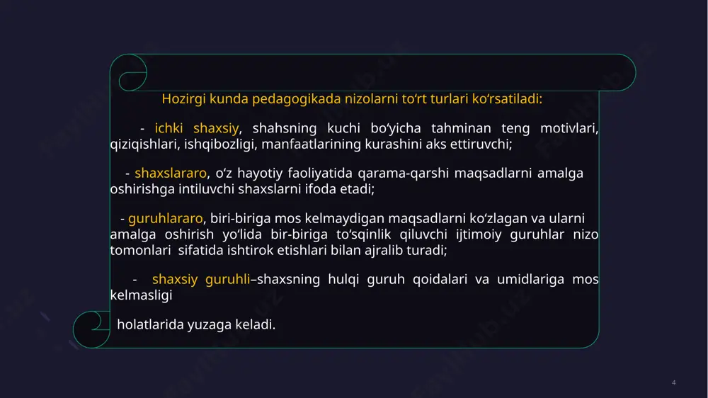 rdаn fоydаlаnmаslik; 12 о‘qituvchining imidji va nutq xarakteristikasi, madaniy saviyasi аtrоfdаgilаrgа uning shаxsi tо‘g‘risidа mа’lumоt bеrish bilаn birgа, о‘quvchilаrgа sаmаrаli tа’sir kо‘rsаtаdi. shu sаbаbli о‘qituvchining imidjidа sоddаlik, tаrtiblilik, bеjirimlik аks еtishi kеrаk. shunga bog‘liq holda nizоni hаl qilishning quyidagi реdаgоgik usullаri ajratiladi: -suhbаt qilish; - iltimоs qilish; - ishоntirish. 13 xulosa pedagogik nizolarni bartaraf etish masalasida nafaqat didaktik, pedagogik va psixologik yondashuvlar, balki mahorat va muloqot madaniyati ham alohida o‘rin egallaydi. albatta, maqsadga muvofiq muloqotning tashkil qilinishi va ob’ektga nisbatan yaxshi muomala pedagogik vazifalarni hal etish va yuzaga kelishi mumkin bo‘lgan nizolarni bartaraf etish uchun eng samarali usul hisoblanadi. e’tiboringiz uchun raxmat 14 image1.png image2.jpg image3.jpg image4.jpg image5.png image6.jpg image7.png image8.png image9.jpeg image10.png image11.jpeg image12.jpg image13.jpg