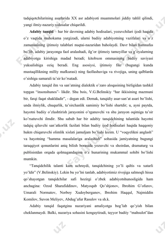 ish” sohasida jamiyatning bugungi taraqqiyot qonunlarini aniq bilish borasida yozuvchi va shoirdan, dramaturg va publisistdan orqada qolmagandagina o’z hunarining mukammal sohibi bo’lishi mumkin. “tanqidchilik talanti kam uchraydi, tanqidchining yo’li qaltis va xatarli yo’ldir” (v.belinskiy). lekin bu yo’lni tanlab, adabiyotimiz rivojiga salmoqli hissa qo’shayotgan tanqidchilar safi hozirgi o’zbek adabiyotshunosligida ham anchagina: ozod sharafiddinov, matyoqub qo’shjonov, ibrohim g’ofurov, umarali normatov, norboy xudoyberganov, ibrohim haqqul, najmiddin komilov, suvon meliyev, abdug’afur rasulov va sh.k. adabiy tanqid faqatgina nazariyani amaliyotga bog’lab qo’yish bilan cheklanmaydi. balki, nazariya sohasini kengaytiradi, tayyor badiiy “mahsulot”dan yangi, hayotiy, nazariy qoidalar yaratadi, san’atkorlarning g’oyaviy fikr doirasini kengaytiradi, mahoratlarini oshiradi. u adabiyotdan o’rganadi va adabiyotga yangiliklar kiritadi, estetikani boyitadi. adabiyotshunoslikning yordamchi sohalari – matnshunoslik (tekstologiya), kitobiyot (bibliografiya), adabiyot o’qitish uslubiyati (metodikasi), manbashunoslik fanlaridir. matnshunoslik (tekstologiya-lat.textus-asos, bog’lanish, yunoncha logos-so’z, fan)-badiiy asarlarning asl matnini yaratish bilan shug’ullanadi. u turli davrlarda yaratilgan, xattotlar tomonidan ko’chirilgan yoki bir necha bor nashr etilgan asarlarning nusxasi yoxud nashrini …