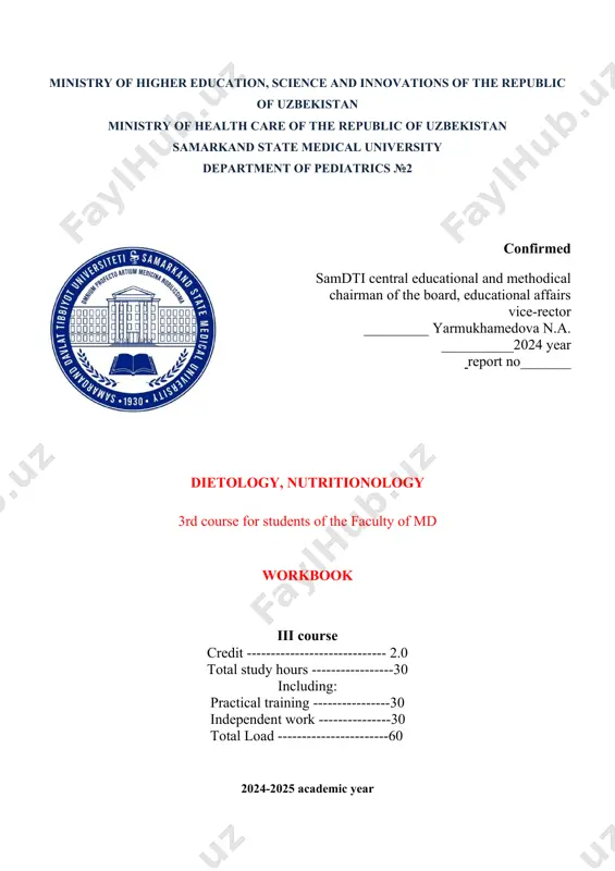 of dietetics and its main directions. physiology and pathophysiology of digestion. digestive system function. eating pattern and its evaluation. physiology of eating. classification of foods. 2 2 2. topic 2: protein, fat and carbohydrates. mineral substances. macronutrients mineral substances. micronutrients. vitamins. 2 2 3. topic 3: protective components of food products. components of food that have a harmful effect on the body. genetically modified food products. power of food products. inability to bear food. food allergy. 2 2 4. topic 4: nutrition of the elderly population. adolescent child nutrition. 2 2 5. topic 5: loss of strength in athletes. diet during preparation for competitions. nutrition of young athletes. 2 2 6. topic 6: nutrition of pregnant and lactating women. 2 2 7. topic 7: principles of rational nutrition in old age. dietary recommendations for the elderly. 2 2 8. topic 8: nutrition in tumor diseases. nutrition in hematological diseases. nutrition …