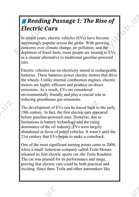 r benefits, electric cars are not without challenges. one major issue is the limited availability of charging stations. although infrastructure is improving, some areas still lack sufficient charging facilities. another challenge is the high cost of evs, although prices have been steadily decreasing as battery technology advances. moreover, the environmental impact of producing ev batteries cannot be ignored. mining for lithium, cobalt, and other rare metals used in batteries can be harmful to the environment. therefore, scientists and engineers are working on developing more sustainable battery technologies and recycling systems. looking ahead, the future of electric vehicles appears bright. with continuous advancements in technology, improved charging networks, and increased public awareness, evs are expected to dominate the automotive industry in the coming decades. they represent a major step toward a greener and more sustainable future. ✅ multiple choice questions (choose the correct answer) 1. what is one of the main …