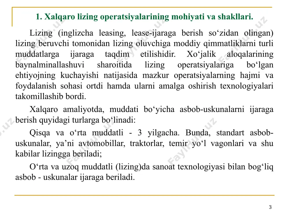 zda sotadi. lizing kompaniyasi asbob-uskunani iste’molchiga ijaraga beradi. asbob-uskunani ishlab chiqaruvchi va uni lizingga oluvchi o‘rtasidagi lizing shartnomasi bo‘yicha huquqiy munosabatlar o‘rnatilmaydi. bu yerda asbob-uskunaga texnik xizmat ko‘rsatish masalasi to‘liq hal etilmagan. bu holda, asbob-uskunani ishlab chiqargan shaxs bilan, lizing oluvchi, o‘ziga xizmat ko‘rsatish uchun alohida bitim tuzishi lozim. bunga asosiy sabab, lizing kompaniyasi texnik xizmat ko‘rsatish masalalariga aralashmaydi. * “sof” lizing. bunda asbob-uskunalardan foydalanish bilan bog‘liq asosiy majburiyatlar lizing oluvchi bo‘yniga tushadi. u soliqlar va har-xil yig‘imlarni, to‘lovlarni hamda asbob-uskunalardan foydalanish bilan bog‘liq barcha xarajat va sug‘urta to‘lovlarini to‘laydi. lizing oluvchi asbob-uskunani ishga soz holatda saqlashi lozim. shu bilan birga, u ijara muddati tugaganda, lizing beruvchiga asbob-uskunani o‘rtacha eskirishini hisobga olib, yaxshi holatda qaytarishi shartdir. lizing beruvchi, lizing oluvchi olgan mulkdan foydalanishi bilan bog‘liq harakatlarga javob bermaydi. lekin, u asbob-uskuna ishlatilayotgan mamlakatdagi hukumat va boshqa tashkilotlar tomonidan bo‘lishi mumkin bo‘lgan salbiy ta’sirlar uchun javobgardir. * qaytariluvchi lizing. tijorat nuqtai …