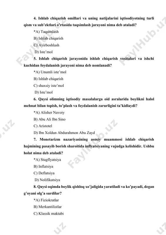 stagflyatsiya b) inflatsiya c) deflatsiya d) nolifikatsiya 8. qaysi oqimda boylik qishloq xo’jaligida yaratiladi va ko’payadi, degan g’oyani olg’a surdilar? *a) fiziokratlar b) merkantilistlar c) klassik maktabi d) marjinalizm 9. ma’lum vaqt oralig’ida, narxlarning mavjud darajasida iste’molchilarning tovar va xizmatlar ma’lum turlarini sotib olishga qodir bo’lgan ehtiyoji nima deb ataladi? *a) talab b) taklif c) talab qonuni d) taklif qonuni 10. tovar narxi va sotib olinadigan tovar miqdori o’zgarishi o’rtasida bo’ladigan teskari yoki qarama-qarshi bog’liqlik nima deb ataladi? *a) talab qonuni b) taklif c) talab d) taklif qonuni 11. ayrim tovar narxining o’sishi bilan unga bo’lgan talab miqdorining yanada ortishi holati nima deb ataladi? *a) giffen samarasi b) laffer egri chizig’i c) engel qonuni d) fillips egri chizig’i 12. ayrim tovar narxining o’sishi bilan unga bo’lgan talab miqdorining yanada ortishi holati nima deb ataladi? *a) giffen samarasi b) laffer egri chizig’i c) engel qonuni d) fillips egri chizig’i 13. iste’molchi …