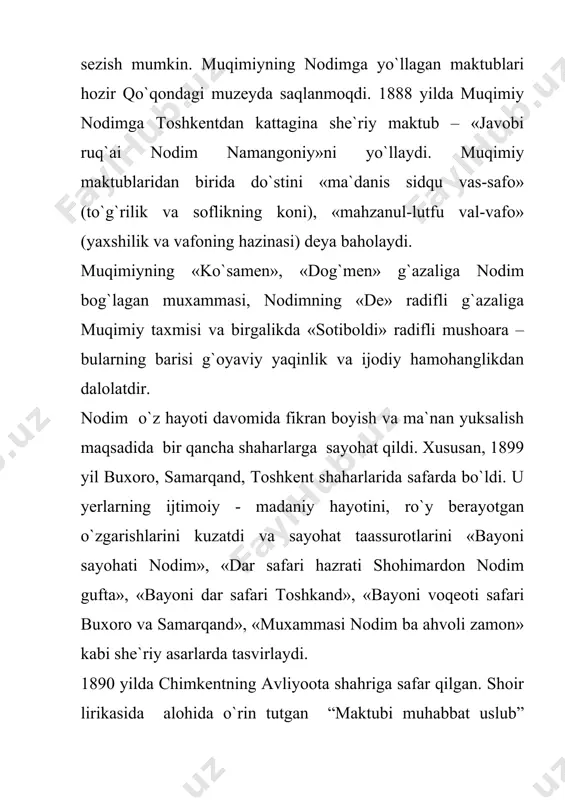 kirib har xonada, ilmlari darsu saboq, ilmu adab takrordur», deya mamnun bo`ladi. «ehtiyoj» radifli g`azalida shaxsiy ehtiyoji ijtimoiy ehtiyoj bilan bog`liq holda talqin etiladi: muhtojlikdan endi borib kimga dod etay, etti yorug` jahonni menga tor ehtiyoj, «xit qildi» g`azalida oddiy xalq hayotini real lavhalarda tasvirlaydi: o`tun ho`l sham` tiyra, uy sovuq, to`n yo`q, tabah ko`rpam, pulim kam, ehtiyojim ko`p, bular nochor xit qildi. «dar mazammati zamona» asarida mutakabbir, xasis boy obrazini fosh etadi: qorni to`q, badbushur, qabon surat, mutakabbir, qo`lansa, sersavlat… ko`zi och, bachchag`ar, o`zi puldor, past fitrat, habis, ko`p murdor. nodim namangoniyning ijodiy merosi bizga qadar to`liq yetib kelmagan. shunday bo`lsa-da, mavjud asarlari milliy uyg`onish davri o`zbek adabiyotida o`ziga xos qimmatga ega. adabiyotlar: 1. «ayyomiy». saylanma. t, 1984 yil. 2. n.qobulov, v.mo`minova, i.haqqulov «avaz va uning adabiy muhiti». t, 1987 yil. 3. b.qosimov «izlay-izlay topganim…». t, 1983 yil. 4.s.siyoyev «avaz». roman. t, 1987 yil. 5. www.ziyonet.uz 6. www.pedagog.uz page