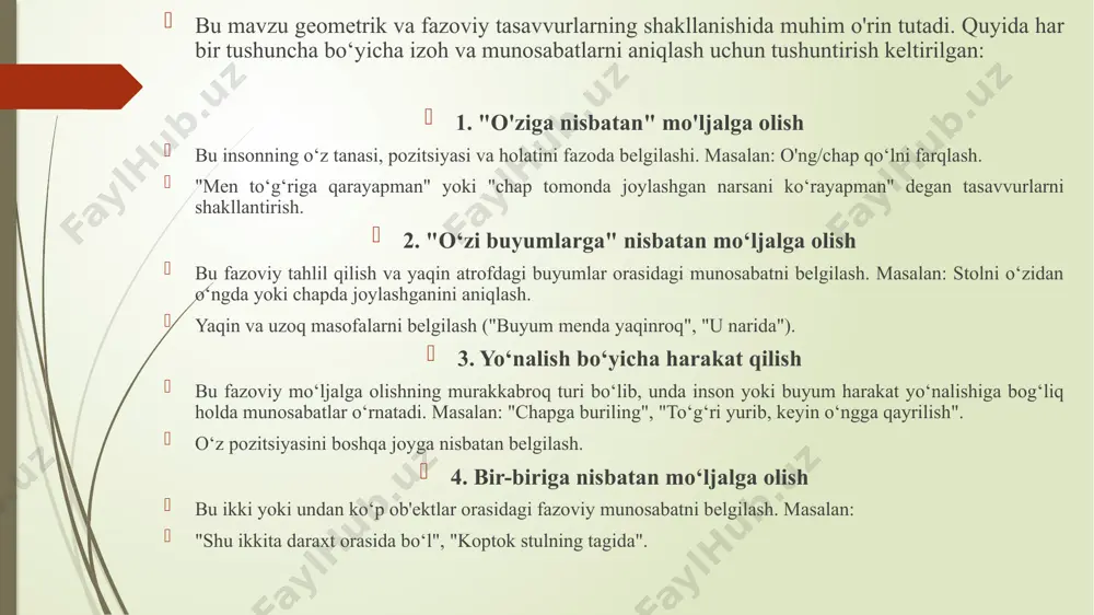 in metodlari va usullari. 3. xulosa: fazoviy tasavvurni rivojlantirishda pedagoglarning roli va tavsiyalar. fazoni idrok etishning yosh guruhlariga xos xususiyatlarini hisobot shaklida quyidagicha tuzish mumkin: kirish fazoni idrok etish, bolalarning atrof-muhitni qanday tushunish va ko‘rish usulini belgilaydi. bu jarayon yoshning har bir bosqichida o‘ziga xos xususiyatlarga ega bo‘lib, bolalarning kognitiv rivojlanishi va fazoviy bilimlarni qabul qilishiga ta’sir qiladi. hisobotda har bir yosh guruhidagi fazoni idrok etishning o‘ziga xos xususiyatlari ko‘rib chiqiladi. 1. 0-3 yosh: ilk fazoni idrok etish xususiyatlar: ushbu yoshda bolalar faqatgina asosiy fazoviy tushunchalarni qabul qilishadi. ular obyektlar va ularning o‘rni haqida hissiy tasavvurlar hosil qilishadi. idrok: bolalar fazoni sezish uchun ko‘proq sensorli ma'lumotlardan foydalanadilar. ular ob'ektlarni ushlash va sezish orqali joylashuvini tushunishga harakat qiladilar. ko‘rsatkichlar: bolalar harakatni va shakllarni ko‘rishadi, ammo fazo va vaqt o‘zgarishlarini anglashda qiyinchiliklar yuzaga kelishi mumkin. 2. 3-6 yosh: fazoviy tushunchalarning rivojlanishi xususiyatlar: ushbu yoshda bolalar harakatni va shakllarni aniqroq tasavvur qilishadi. fazoni …