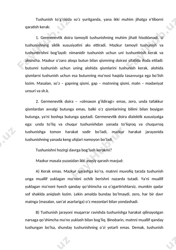 i voqyelikning mazmuni bilan boyitishni nazarda tutadi. hozirgi zamon fransuz germenevtikasining vakili pol rikerning fikricha, tushunish hyech qachon bilishdan ajralmaydi, balki «ma'noni o‘zlashtirish faoliyatining bosqichi» hisoblanadi. tushunish – fikr yuritish orqali simvolda yashirin ma'noni aniqlash demak. bunda riker quyidagi holatlardan kelib chiqadi: a) germenevtika – izchil talqin qilish jarayoni; b) talqinlarning xilma-xilligi germenevtikaning mohiyatini tashkil etadi; v) tushunish – bir ong tomonidan uzatiladigan, ikkinchi ong esa uni tashqi ifodalar orqali qabul qilib oladigan belgilar ma'nosini tushunib yetish jarayoni; g) ayni bir matn bir nechta ma'noga ega va bu ma'nolar bir-biriga qo‘shilib, qatlam hosil qiladi. shunday qilib, tushunish - muayyan hodisaning ma'nosini, uning dunyodagi o‘rnini, yaxlit bir butun tizimdagi funksiyalarini tushunib yetish demak. u borliqning ma'nolarini teran anglab yetishga ko‘maklashadi. tushunish jarayoni sodir bo‘lishi uchun quyidagilar zarur: har qanday tabiatli matnda ifodalangan predmet; unda ma'noning mavjudligi; mazkur ma'no to‘g‘risidagi dastlabki tasavvur; matnni talqin qilish, ya'ni matnning mazmunini tushunish; talqin qiluvchida o‘z-o‘zini …