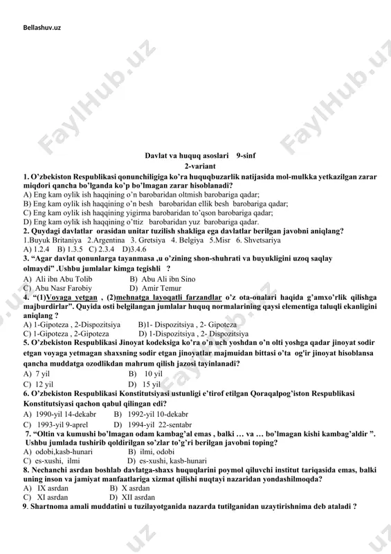 b ataladi? a) kodeks b) konvensiya c) promulgatsiya qilish d) ustuvorlik 16. sud muhokamasi davrida hukm bilan bir vaqtda chiqariladigan qaror nima deb ataladi? a) ajrim b) penya c) xususiy ajrim d) replika 17. lotincha so’zdan olinib bildirilishi shart bo’lgan narsa ma’nosini anglatuvchi atama bu? a) suverenitet b) referendum c) argument d) deputat 18. mashhur qomusiy olim abu ali ibn sino qanday davlatni mukammal davlat deb hisoblagan? _____________ 19. dunyoga o’zining soatlari va banklari bilan mashhur bo’lgan shvetsariya davlat tuzilish shakliga ko’ra..? _____________________ 20. o’zbekiston respublikasi konstitutsiyasi ustunligi e’tirof etilgan qoraqalpog’iston respublikasi konstitutsiyasi qachon qabul qilingan edi? ________________________ 21. “agar davlat qonunlarga tayanmasa ,u o’zining shon-shuhrati va buyukligini uzoq saqlay olmaydi” .ushbu jumlalar kimga tegishli ? ________________________ 22. o’zbekiston respublikasida “bola huquqlari kafolatlari to’g’risida”gi qonuni qachon qabul qilingan? ________________________ 23. o’zbekiston respublikasida ta’sis etilgan birinchi orden va u ta’sis etilgan sana? ________________________ 24. o’zbekiston respublikasi jinoyat kodeksiga ko’ra sud qarori …