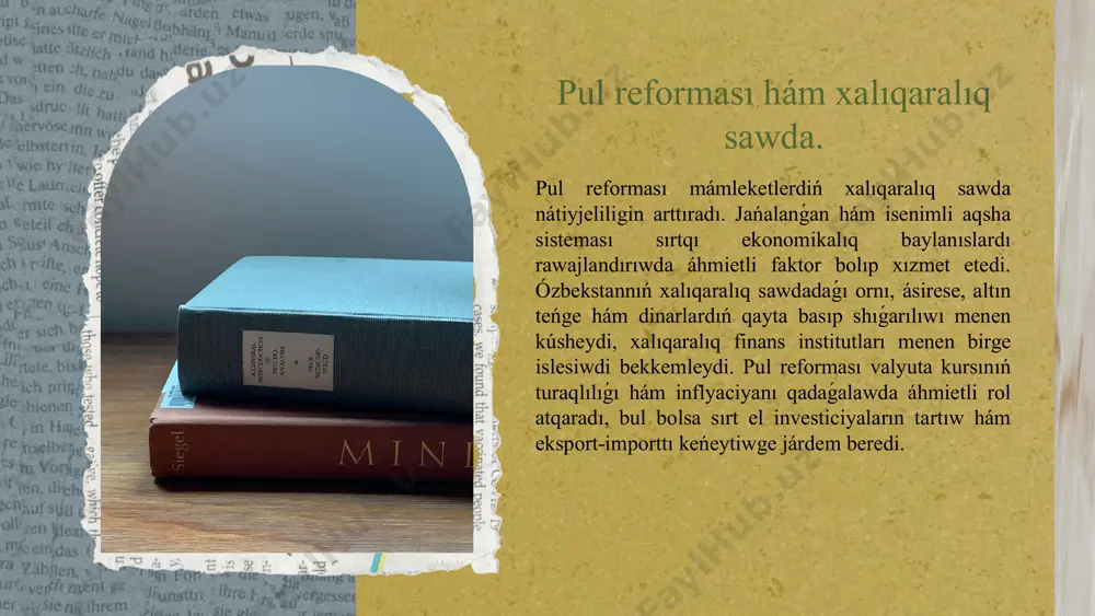 ye. pul reforması hám isenim ortasındaǵı baylanıs, ásirese, jana pul sisteması engizilip atırǵan payıtta áhmiyetli. isenim joqarı bolsa, pul aylanısı nátiyjeli boladı hám ekonomikalıq rawajlanıwǵa xızmet etedi. bolmasa, pulǵa bolǵan isenim tómenleydi hám ekonomikalıq mashqalalar júzege keledi. siyasiy turmısta aqshanıń roli. pul aylanısı siyasiy turaqlılıq ushın áhmiyetli. pul reforması mámlekette isenim hám sociallıq turaqlılıqtı támiyinleydi. pul reforması húkimet isenimin bekkemlewge járdem beredi, bul bolsa ekonomikalıq siyasat hám ekonomikalıq ósiwge tásir etedi. finans siyasatı hám aqsha reforması mámlekettiń ekonomikalıq rawajlanıwı hám xalıqaralıq baylanıslardı rawajlandıradı, siyasiy turaqlılıqtı támiyinleydi. photo by getty images on unsplash 01 02 03 ekonomikalıq turmısta pul reforması. pul reforması ekonomikalıq turaqlılıqtı támiyinlew ushın áhmietli bolıp, ol inflyaciyanı qadaǵalaw, bahanı turaqlı saqlaw hám ekonomikalıq ósiwdi xoshametlewge járdem beredi. altın teńge hám dinarlar ekonomikalıq tásirge ie bolıp, olardıń isenimliligi hám qádirin saqlaw imkaniyatları mámlekettiń ekonomikalıq turaqlılıǵın bekkemlewde, ásirese xalıqaralıq sawdada áhmietli rol atqaradı. pul reforması investiciyalardı rawajlandırıwǵa túrtki bolıp, ekonomikalıq …