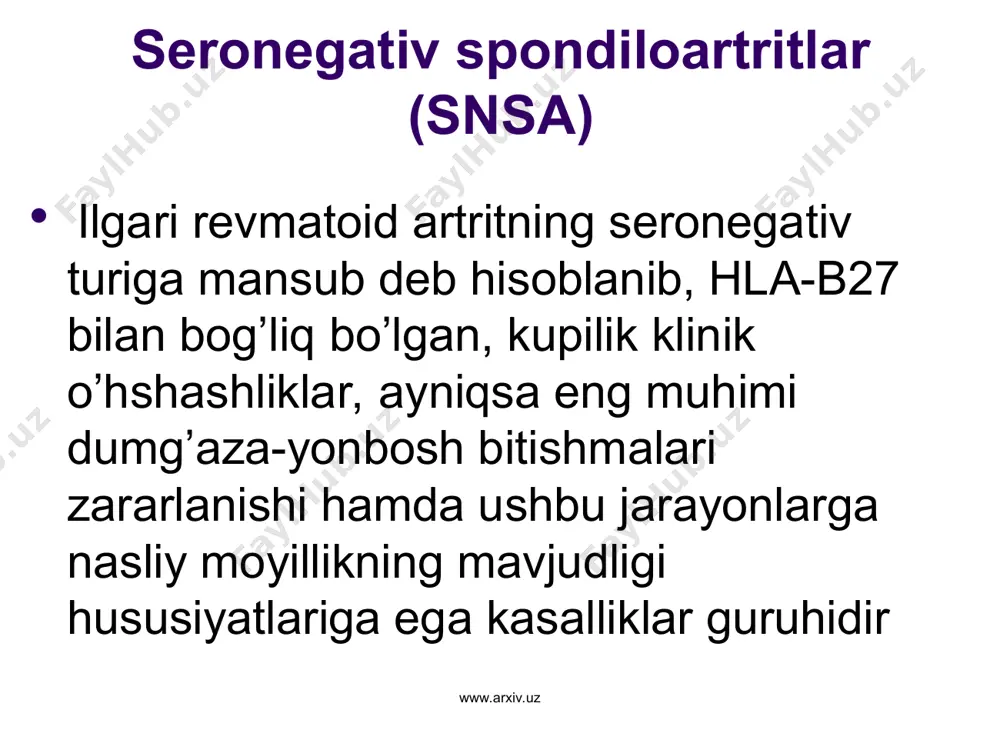 umiy belgilari (wollheim. 1993) ileosakral bitishmalarning patologik jarayonga qo’shilishi entezopatiyalar oyoqlarda asimmetrik periferik artrit oila a’zolarida snsa guruhiga kiruvchi kasalliklardan birining mavjudligi teri, ko’z, ichak, urogenital traktda bo’g’imdan tashqari belgilarning namoyon bo’lishi revmatoid omilga manfiy reaksiya hla-b27 bilan bog’liqlik www.arxiv.uz www.arxiv.uz * ankilozlovchi spondiloartrit tashhis mezonlari (simpozium voz, rim 1963) bel-dumg’aza sohasida 3 oydan ortiq davom etuvchi va dam olgandan so’ng o’tib ketmaydigan og’riq va karahtlik ko'krak qafasida og’riq va rigidlik umurtqa bel sohasida harakat cheklanganligi ko’krak qafasi nafas ekskursiyasining cheklanganligi irit va uning asoratlari ikki tomonlama sakroileitning rentgenologik belgilari (ii-iv bosqichlar) www.arxiv.uz www.arxiv.uz * www.arxiv.uz behterev kasalligining tarqalganligi as li bemorlar 0,5-2% www.arxiv.uz * hla-b27 antigenining uchrashi www.arxiv.uz umumii populyasiya 7-8% behterev kasalligida 90-95% bemorlar qarindoshlarida 20-30% www.arxiv.uz * as kechishi tasnifi sekin avj oluvchi sekin avj oluvchi, quzish davrlari bilan tez avj oluvchi – qisqa vaqt ichida to’liq ankilo’zga olib keladi septik varianti, o’tkir boshlanishi, ko’p terlash, qaltirash, …