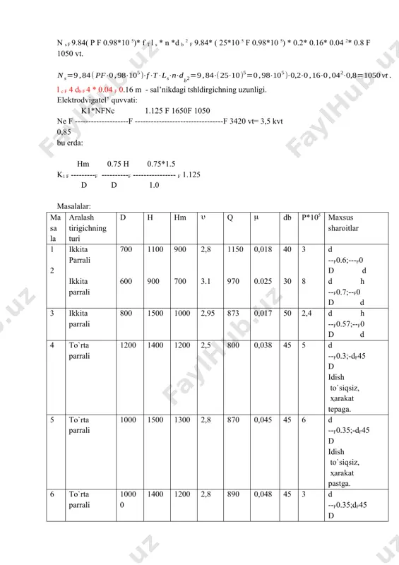 15 ayl./sek. 60 n * d 2 * q 15* 0.3 2 * 900 re ts f ---------------- f ------------------------ f 243000. 0.005 n – aylanish soni, ayl./sek; d 2 – propellerli diametri, m q – muҳitning zichligi , kg/m3 - aralashtirilayotgan moddalarni qovushqoqligi. aralashtirgichning quvvati quyidagi formula yordamida aniqlanishi mumkin: d t k n f 0.146 re ts 0.96 frts b (---) 0.91 * (----) 1.22 d d frudning markazdan qochma kriteriyasini aniqlashimiz: (voronka ҳosil qiladigan, tez aylanuvchan, to`siqsiz aralashtirgichlar uchun) n d 15 2 * 0.3 frts f --------------f --------------- f 6,88 q 9.81 x – 1g rc 0,7 – 5,385 b f ---------------------- f --------------------- f 0,26 18 18 1,2 0,6 k n f0,149 * 2430000,96 * 0,88 – 0,26 (-----) 0,91* (----) 1,22 f 107200. 0,3 0,3 aralashtirish uchun sarf qilinadigan quvvat: n f kn** n2 * d3 f 107200* 0,005* 152 * 0,33 f3260 vt …