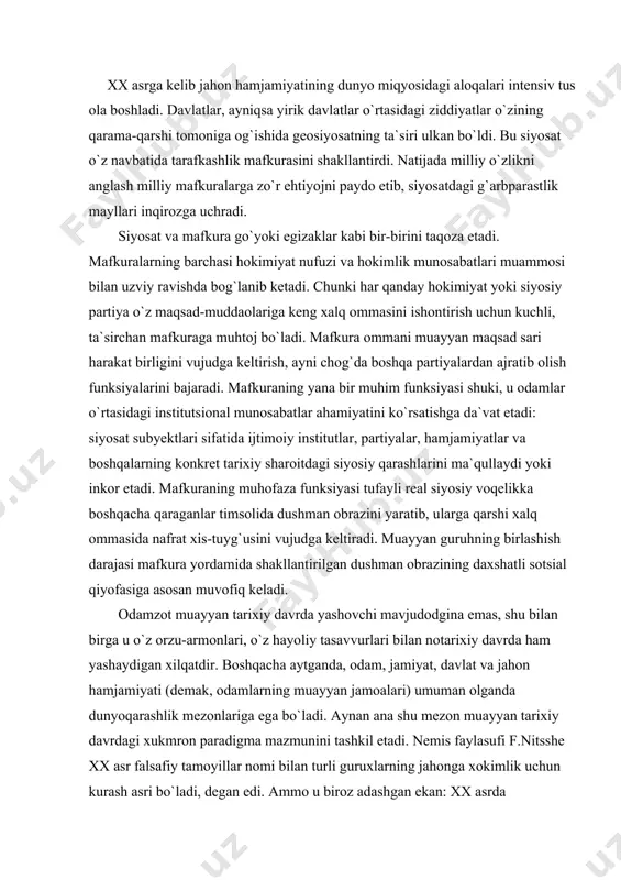 hamjamiyati (demak, odamlarning muayyan jamoalari) umuman olganda dunyoqarashlik mezonlariga ega bo`ladi. aynan ana shu mezon muayyan tarixiy davrdagi xukmron paradigma mazmunini tashkil etadi. nemis faylasufi f.nitsshe xx asr falsafiy tamoyillar nomi bilan turli guruxlarning jahonga xokimlik uchun kurash asri bo`ladi, degan edi. ammo u biroz adashgan ekan: xx asrda mafkuraviy tamoyillar falsafiy tamoyillardan ustun keldi. mohiyatan arzon xomashyo va ishchi kuchiga hamda keng bozorga ega bo`lish maqsadlarini g`oyaviy pardalarga o`rab, xalq ommasida bosib olish nazarda tutilgan mamlakat aholisi timsolida dushman obrazi yaratish uchun kuchli mafkuraviy ijtimoiy institutlar, g`oyaviy ta`sir o`tkazish vositalariga ega bo`lish kerak edi. asr boshida sodir etilgan 1-jahon urushi va undan keyingi voqelik ovrupoliklar uchun qimmatga tushdi: ular o`zlarining ilgarigi mavqeidan mahrum bo`lib, aqsh va yaponiyani ham jahon taqdirini xal etuvchi buyuk davlatlar sifatida tan olishga majbur bo`ldilar. 30-yillarga kelib jahon maydonida sovet ittifoqi degan buyuklikka da`vogar yana bitta davlat paydo bo`ldi. 2-jahon urushidan keyin kuchlar nisbati aqsh …