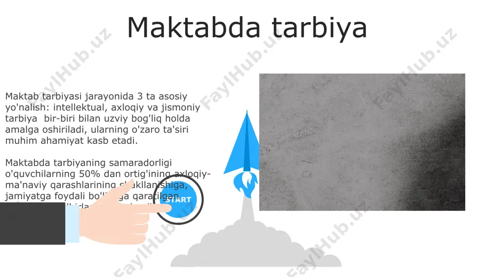 a 5 yoshgacha bo'lgan bolalarda rivojlanishning asosiy 3 ko'rsatkichi – jismoniy, intellektual va ijtimoiy-emotsional ko'nikmalarni o'rganish orqali amalga oshiriladi. 06 05 04 tarbiyaning individual yondashuvi 01 02 tarbiyaning individual yondashuvi bolaning yoshi, psixologik xususiyatlari va qobiliyatlarini hisobga olgan holda, kamida 3 ta o’ziga xos tarbiya usullarini qo’llashni nazarda tutadi. tarbiyaning individual yondashuvi samaradorligini baholash uchun, kamida 6 oy davomida bolaning rivojlanishidagi ijobiy o’zgarishlarni kuzatish va test natijalarini tahlil qilish zarur. tarbiyaning mazmuni тарбия жараёнида 5 та асосий босқич – чақалоқлик, болалик, ўсмирлик, ёшлик ва камолот – ажратилади, ҳар бир босқичга мос таълим ва тарбия усуллари қўлланилади. тарбиянинг мазмуни 3 та асосий компонентдан – индивидуал, ижтимоий ва маънавий – иборат бўлиб, уларнинг ҳар бири 70% гача боланинг шахсий ривожланишига таъсир кўрсатади. e'tiboringiz uchun rahmat @taqdimot_robot image5.jpg image6.jpg image7.jpg image8.jpg image9.jpg image10.jpg image11.jpg image12.jpg image13.jpg image14.jpg image15.jpg image16.jpg image1.jpeg image2.jpeg image3.jpeg image4.jpeg