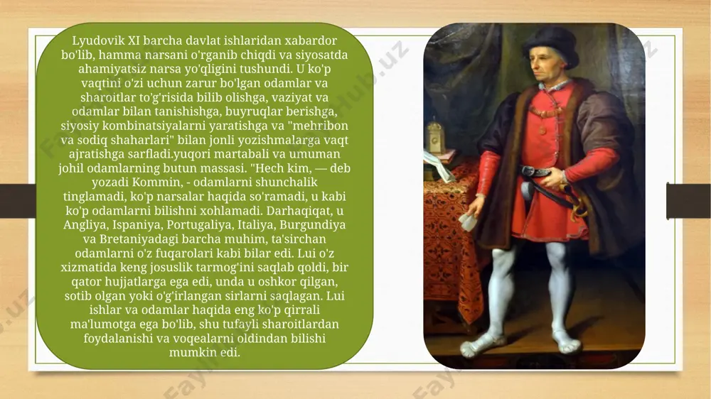 o'z xabarini quyidagi qat'iy nasihat bilan yakunlaydi: "ular sizga yolg'on gapirishmoqda. hammasi joyida! ularga ko'proq yolg'on gapiring."ushbu amrda lui xi tushunganidek, diplomatiyaning eng muhim mohiyati mavjud. lui frantsiya taxtiga o'tirganida 38 yoshda edi. lui hukmronligining dastlabki yillarida diplomatik iste'dodlarning eng jiddiy sinovi unga qarshi shakllangan feodal zodagonlarning keng koalitsiyasi, ya'ni jamoat manfaatlari ligasi bilan kurash edi. liganing ruhi frantsiyaning yirik feodallarining lui absolyutistik tendentsiyalaridan noroziligini ishlatgan jasur karl edi. "men frantsiyani juda yaxshi ko'raman, — dedi jasur karl, — unda bitta suveren o'rniga oltita suveren bo'lishni afzal ko'raman". darhaqiqat, liganing asl maqsadi millatning bo'linishini taqdirga aylantirish uchun barcha vositalar edi. ushbu xavfni engish uchun lui genuyani franchesko sforzaga topshirdi va unda ayyor va qimmatli ittifoqchiga ega bo'ldi. ushbu murakkab kondotier lui uchun maslahat berdi, bu qirolning liga bilan butun kurashiga qaratilgan edi. "dushmanlaringizni ajratib oling, — dedi franchesko sforza unga, - ularning har birining talablarini vaqtincha qondiring va keyin ularni …