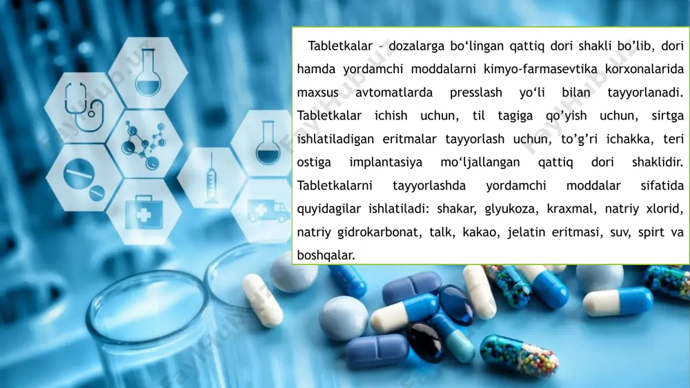 etil spirti bilan ishlov beriladi. ular glyutoid kapsulalar deb ataladi misollar: va boshqalar… granulalar granula – qattiq dori moddaning bir xildagi dumaloq, silindrsimon yoki oval shaklidagi mayda zarrachalari (bolakchalar yoki donachalar) korinishidagi ichish uchum mo’ljallangan qattiq dori shaklidir. granulalar o‘lchami 0,2 mm dan 0,3 mm gacha bo‘ladi. granulalar bir xil rangda bo‘lib, 15 daqiqa mobaynida parchalanishlari kerak. yordamchi moddalar sifatida shakar, choy sodasi, kraxmal, glyukoza, talk va boshqalar olinadi. odatda, yoqimsiz hid beradigan, ta’mi yoqimsiz va mahalliy ta’sirlantirishga ega bo‘lgan dori moddalari granulalarda chiqariladi. granulalar odatda choy qoshiqlar bilan ichish uchun tavsiya etiladi. misollar: e’tiboringiz uchun rahmat image1.png image2.png image3.png image4.png image5.png image6.png image7.png image8.png image9.png image10.png image11.png image12.png image13.png image14.png image15.png image16.png /docprops/thumbnail.jpeg