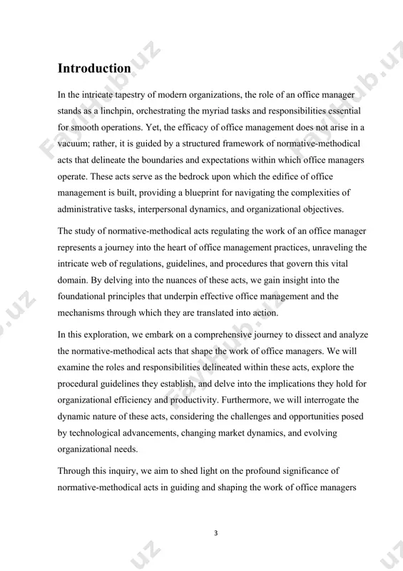 es and standards, but they also provide mechanisms for enforcement and sanctions for non-compliance. enforcement may involve government agencies, courts, or other regulatory bodies. structuring office management involves implementing systematic procedures and strategies to ensure the smooth operation of an organization. here's a methodical approach you can follow: methodical acts: structuring office management 1.assess current processes: start by evaluating existing office management processes. identify strengths, weaknesses, bottlenecks, and areas for improvement. 2.set clear objectives: define specific goals for office management, such as improving efficiency, reducing costs, enhancing communication, or increasing employee satisfaction. establish policies and procedures: develop comprehensive policies and procedures for various aspects of office management, including: 3.communication: guidelines for internal and external communication channels, email etiquette, and meetings. workflow: standard operating procedures (sops) for common tasks, document management, and workflow automation. hr management: policies for recruitment, onboarding, performance evaluation, and employee development. resource management: procedures for managing office …
