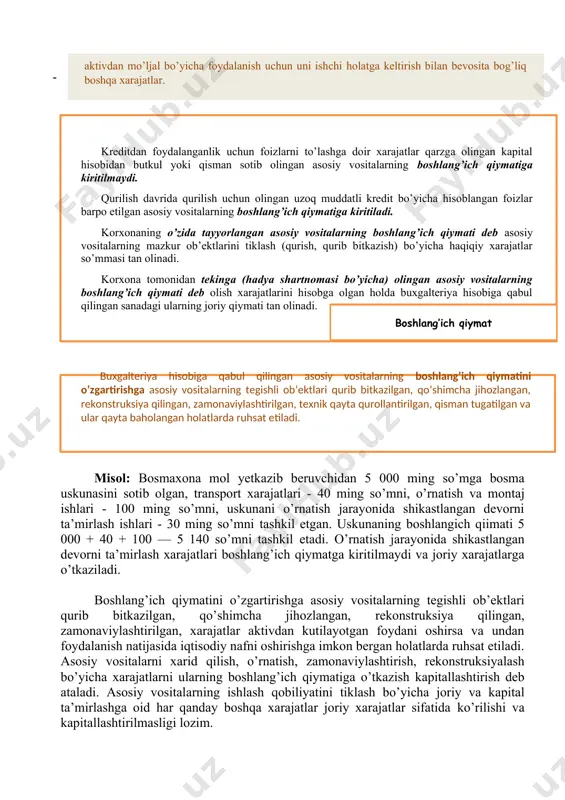 i sug’urtalash bo’yicha xarajatlar; - asosiy vositalar ob’ektini sotgan vositachilarga to’lanadigan haqlar; - asosiy vositalarni o’rnatish, montaj qilish, sozlash va ishga tushirishga oid xarajatlar; - aktivdan mo’ljal bo’yicha foydalanish uchun uni ishchi holatga keltirish bilan bevosita bog’liq boshqa xarajatlar. boshlang’ich qiymat kreditdan foydalanganlik uchun foizlarni to’lashga doir xarajatlar qarzga olingan kapital hisobidan butkul yoki qisman sotib olingan asosiy vositalarning boshlang’ich qiymatiga kiritilmaydi. qurilish davrida qurilish uchun olingan uzoq muddatli kredit bo’yicha hisoblangan foizlar barpo etilgan asosiy vositalarning boshlang’ich qiymatiga kiritiladi. korxonaning o’zida tayyorlangan asosiy vositalarning boshlang’ich qiymati deb asosiy vositalarning mazkur ob’ektlarini tiklash (qurish, qurib bitkazish) bo’yicha haqiqiy xarajatlar so’mmasi tan olinadi. korxona tomonidan tekinga (hadya shartnomasi bo’yicha) olingan asosiy vositalarning boshlang’ich qiymati deb olish xarajatlarini hisobga olgan holda buxgalteriya hisobiga qabul qilingan sanadagi ularning joriy qiymati tan olinadi. buxgalteriya hisobiga qabul qilingan asosiy vositalarning boshlang’ich qiymatini o’zgartirishga asosiy vositalarning tegishli ob’ektlari qurib bitkazilgan, qo’shimcha jihozlangan, rekonstruksiya qilingan, zamonaviylashtirilgan, texnik …