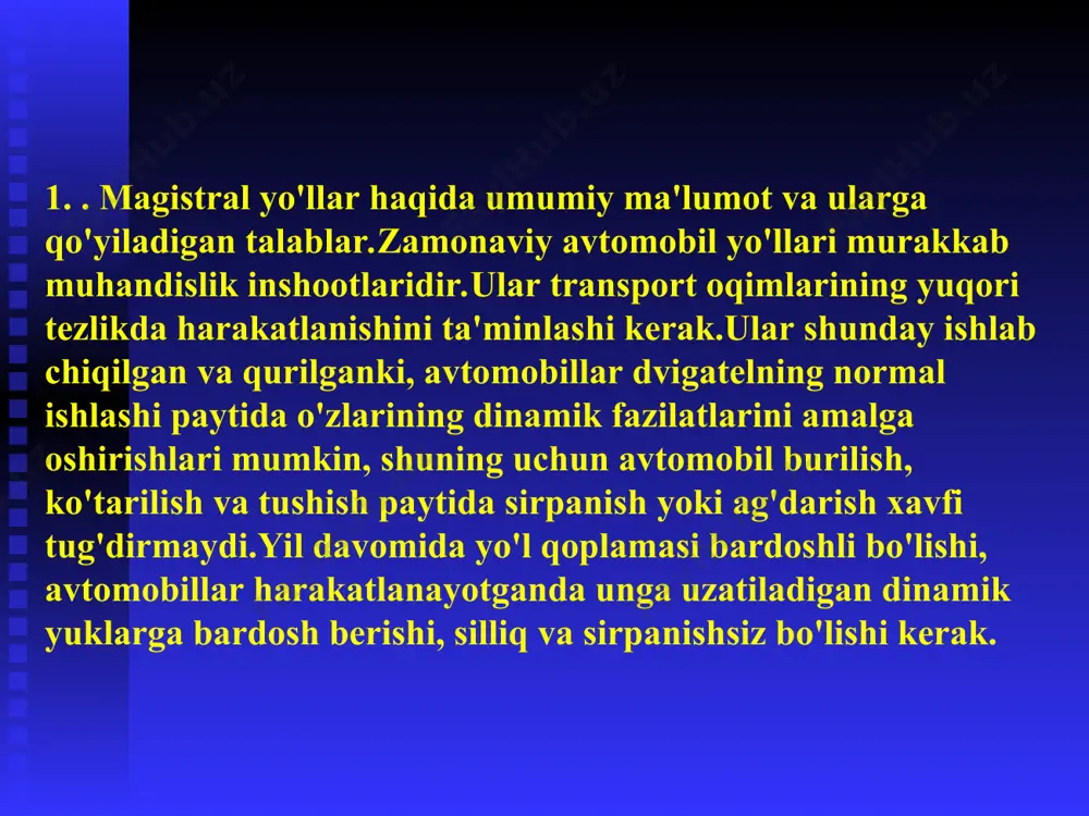 * 13 yo'llarni loyihalashda xavfsizlik chegaralarini yo'q qilish va import qilinadigan materiallardan oqilona foydalanish kerak.mahalliy qurilish materiallaridan, shu jumladan tuproqlardan, shuningdek, chiqindilar va sanoat qo'shimcha mahsulotlardan keng foydalanish, ularni transport yuklarining mavjud kuchlanishlariga va tabiiy omillar ta'sirining intensivligiga mos ravishda inshootlarga joylashtirish, kerak bo'lganda ushbu materiallarni mustahkamlashga murojaat qilish kerak. . * 13 respublikamiz tabiiy sharoitining o`ziga xos xususiyatlari avtomobil yo`llari va ko`priklar quruvchilar oldiga murakkab texnik muammolarni qo`ymoqda.yo'llar turli xil tabiiy sharoitlarda - keng tekislik va tepaliklarda, ko'llar va qoyalar orasida, botqoq erlarda, qumli cho'llar, sho'r va sug'oriladigan dalalarda, tog'li hududlarda quriladi.yo'l qurilishi yangi hududlarni, konlarni qazib olish joylarini, sanoat yangi binolarini rivojlantirishning majburiy elementidir. * 13 respublikamizning xilma-xil tabiiy sharoitlarida, turli hududlarning iqlimiy, tuproq-tuproq va gidrologik xususiyatlari keskin farq qiladigan sharoitda loyihachilardan qo‘yilgan vazifalarga ijodiy yondashish hamda texnik jihatdan to‘g‘ri va iqtisodiy jihatdan maqsadga muvofiq muhandislik yechimlarini topa bilish talab etiladi. har bir alohida holat, tabiiy omillarning ta'sirini …
