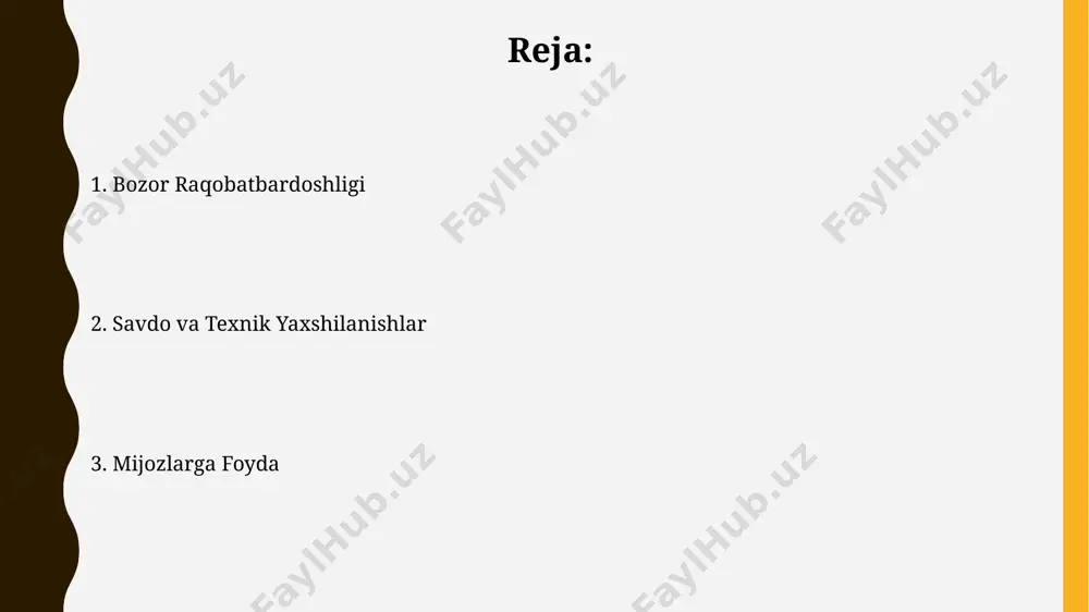 d o'sishi va 10% xarajatlar kamayishi ko'rsatkichlariga erishish kerak. bozor tahlili va raqobatbardoshlik raqobatbardoshlikni oshirish uchun marketing strategiyasiga 15% qo'shimcha investitsiyalar kiritilishi rejalashtirilgan, bu esa sotuvlarni 20% ga oshirishga yordam beradi deb taxmin qilinmoqda. bozor tahlili, 5 yillik ma'lumotlarga asoslanib, asosiy raqobatchilarning 30% dan ortiq bozor ulushiga ega ekanligini ko'rsatdi, bu esa yuqori raqobatbardoshlikni bildiradi. xatarlar va imkoniyatlarni boshqarish xatarlarni kamaytirish bo'yicha 5 ta asosiy strategiya (oldini olish, kamaytirish, o'tkazish, qabul qilish, qochish) har xil turdagi xatarlarga moslashuvchan yondashuvni ta'minlaydi. imkoniyatlarni real vaqtda kuzatish uchun avtomatlashtirilgan tizimlarni qo'llash, 60% gacha operatsion samaradorlikni oshirib, potentsial daromadlarni ko'paytirishga yordam beradi. e'tiboringiz uchun rahmat @taqdimot_robot image1.jpg image2.jpg image3.jpg image4.jpg image5.jpg image6.jpg image7.jpg