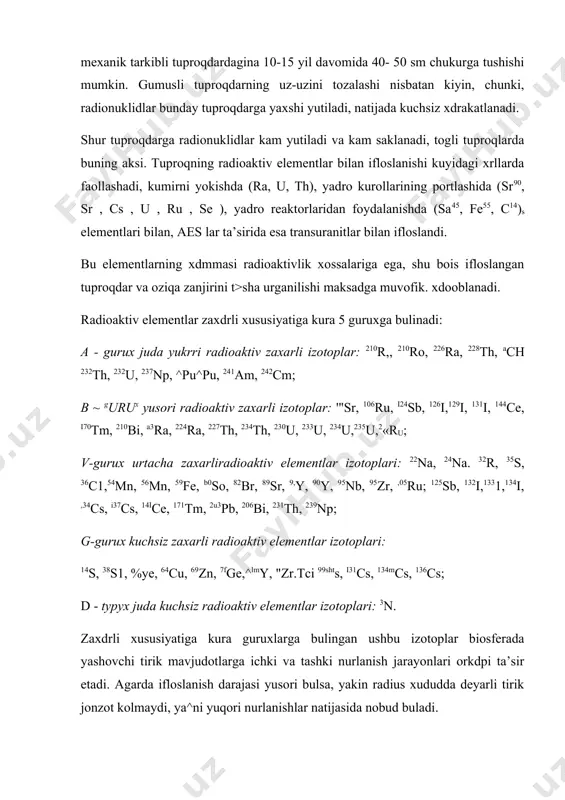 tavsif beriladi: yod - tabiiy x,olatda 1271 izotopi shaklida uchraydi bundan tashkdri uning 115-126, 128-141 izotoplari xam bor. kup xollarda i «j_ i3i^ sh^ h3j izotoplari uchraydi. yod asosan biologiya va meditsina sohalarida keng foydalaniladi, davolash va diognostika uchun 1311 va 1251 kabilarni ishlatish maqsadga muvofiq. yod yuqori harakatchanlik xususiyatiga ega bo‘lib, ichki va tashki nurlanishlar orkali inson nurlanadi. asosan u o‘simlik - inson, o‘simlik-hayvonlar-sut-inson, o‘simlik, hayvon-go‘sht-inson, o‘simlik, parranda-tuxum-inson, inson-girobiont-inson zanjiri orqali inson tanasiga o‘tadi. yodning radioaktiv shakllari insonga tushganda qonga tez so‘riladi va buyrak, yurak va qon aylanish tizimiga tegishli kasalliklarni keltirib chiqaradi. seziy - tabiiy holatda seziyning yagona izotopi shsz mavjud bo‘lib, uning 23 ta radioaktiv 123-132, 134-144 izotoplari uchraydi, asosan u kimyov va radibiologiya sohalarida qo‘llaniladi. insonga zaharli ta’siri kuchli hisoblanadi, misol uchun 137s$ radioktiv turi bilan ifloslanganda 14,8x107 bk dozada nurlanadi va 3 sutkada ich ketishi, bosh og‘rishi, holsizlanishi kuzatilib, yurak urushi sekinlashadi. 17 sutkada esa …