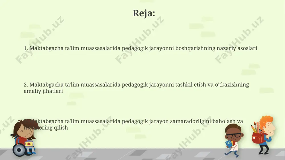 dartlar va o'quv dasturlarida bolalarning yosh xususiyatlarini hisobga olgan holda, kam hisobdagi 10 tadan ortiq mavzular bo'yicha kompetentsiyalar shakllanishiga alohida e'tibor beriladi. ota-onalar bilan hamkorlik bolalarning rivojlanishi to'g'risidagi axborotni ota-onalarga etkazish uchun elektron kundaliklardan foydalanish, ularning 85% ishtirokini ta'minlash maqsadga muvofiq. ota-onalar bilan hamkorlikning samaradorligini oshirish uchun kamida 3 ta muntazam uchrashuv (masalan, yarim yillik, choraklik va ota-onalar yig'ilishi) tashkil etish tavsiya etiladi. pedagogik jarayonni rejalashtirish va tashkil etish yoshga mos ta'lim dasturlarini ishlab chiqishda, bolalarning rivojlanish bosqichlari, psixologiyasi va individual xususiyatlarini inobatga olib, kam 4 ta asosiy rivojlanish sohasini qamrab olish maqsadga muvofiq. pedagogik jarayonni samarali rejalashtirish uchun kamida 3 ta o'quv sohasini, har biri uchun 5-7 ta mashg'ulot turini va har bir mashg'ulotga 15-20 daqiqa vaqt ajratish tavsiya etiladi. pedagogik jarayon samaradorligini oshirish yo'llari interaktiv ta'lim texnologiyalarini, xususan, 5 yoshdan oshgan bolalar uchun kompyuter dasturlarini joriy etish orqali o'qitishning samaradorligini 25% ga oshirish mumkin. bolalarning individual xususiyatlarini hisobga …